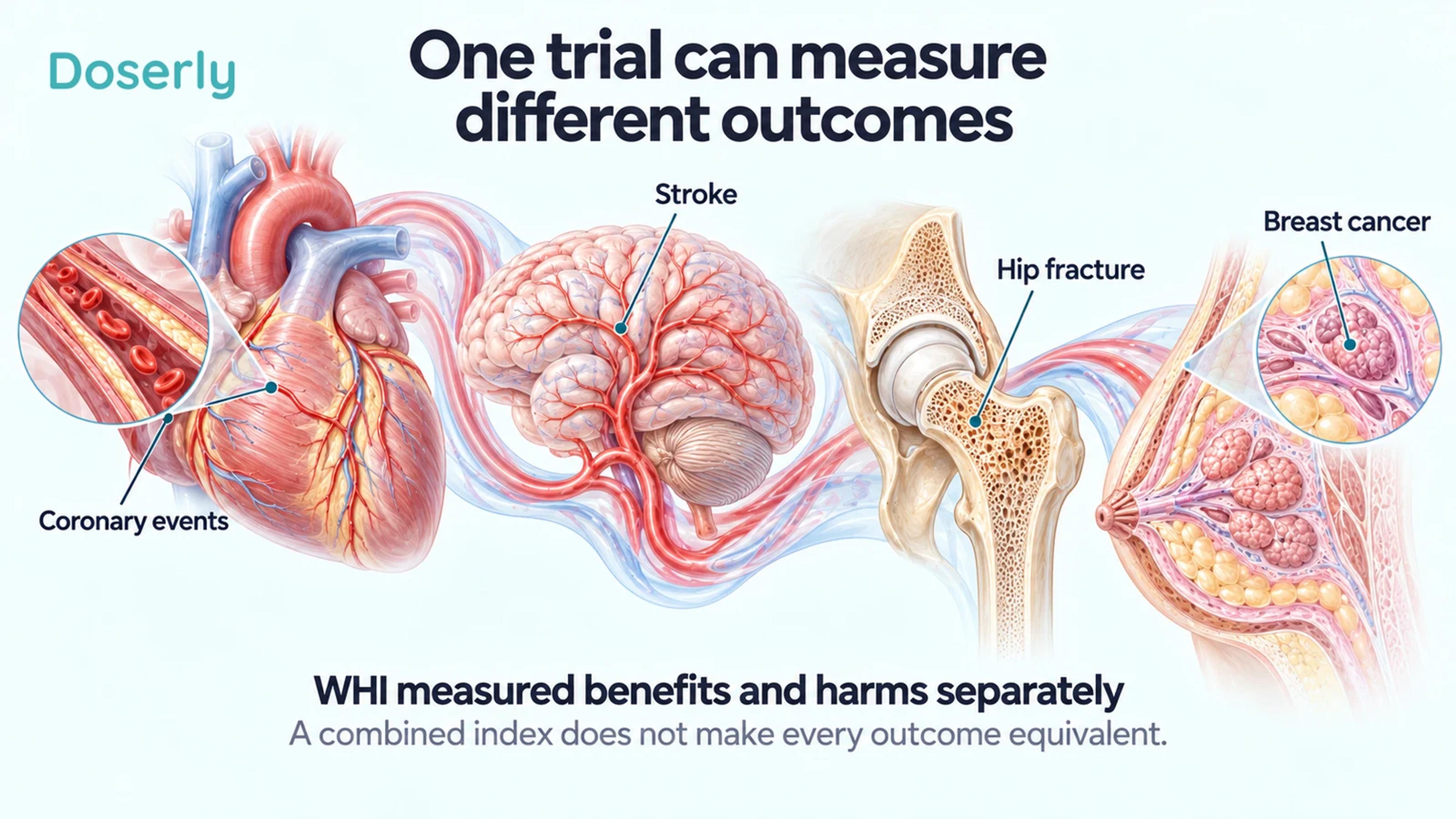 Detailed heart, brain, hip bone and breast tissue illustrations representing different outcomes assessed in WHI.