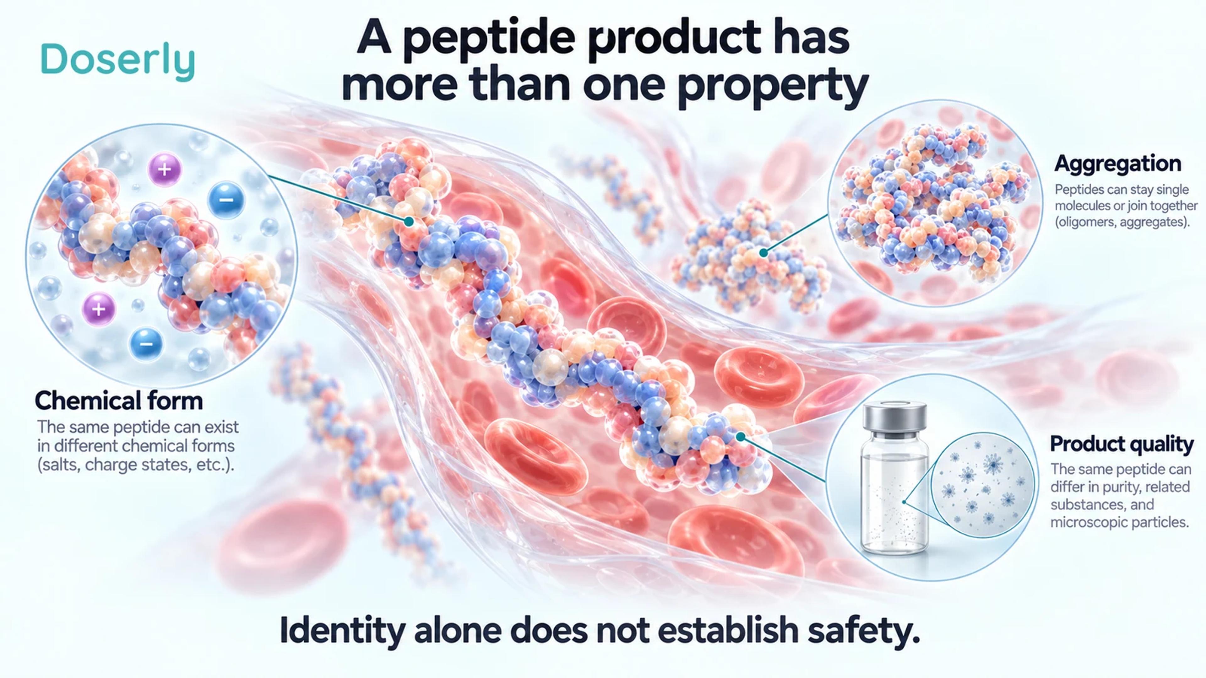 Conceptual peptide structures show chemical form, aggregation and product-quality considerations around a blood-vessel background.