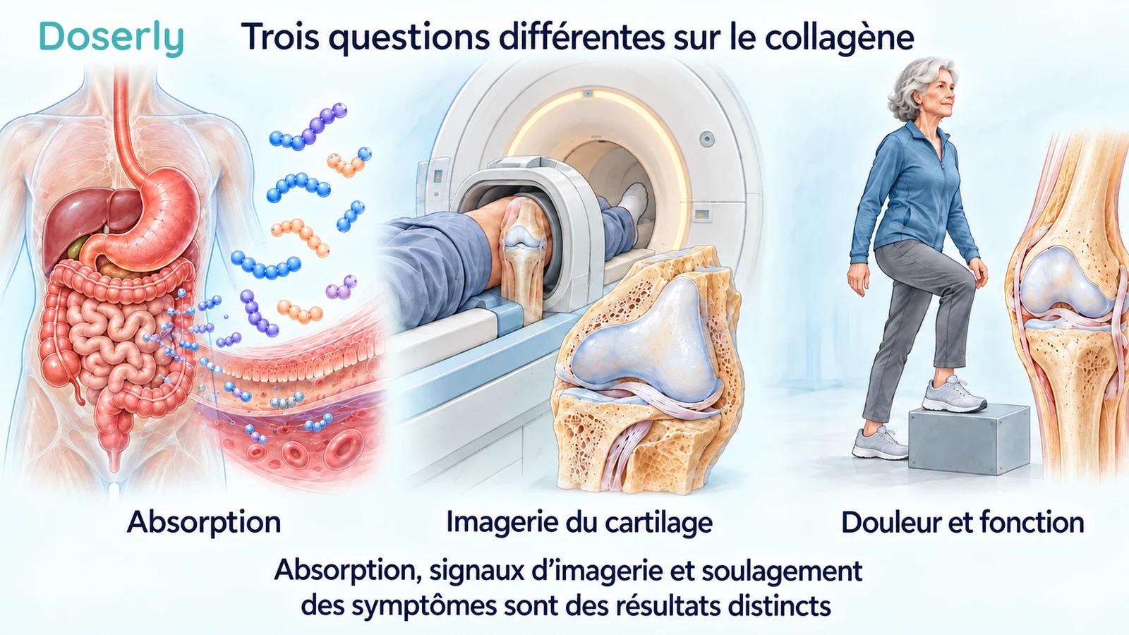 La digestion, l’imagerie du cartilage et une tâche de montée sur marche illustrent trois questions différentes dans la recherche sur le collagène.