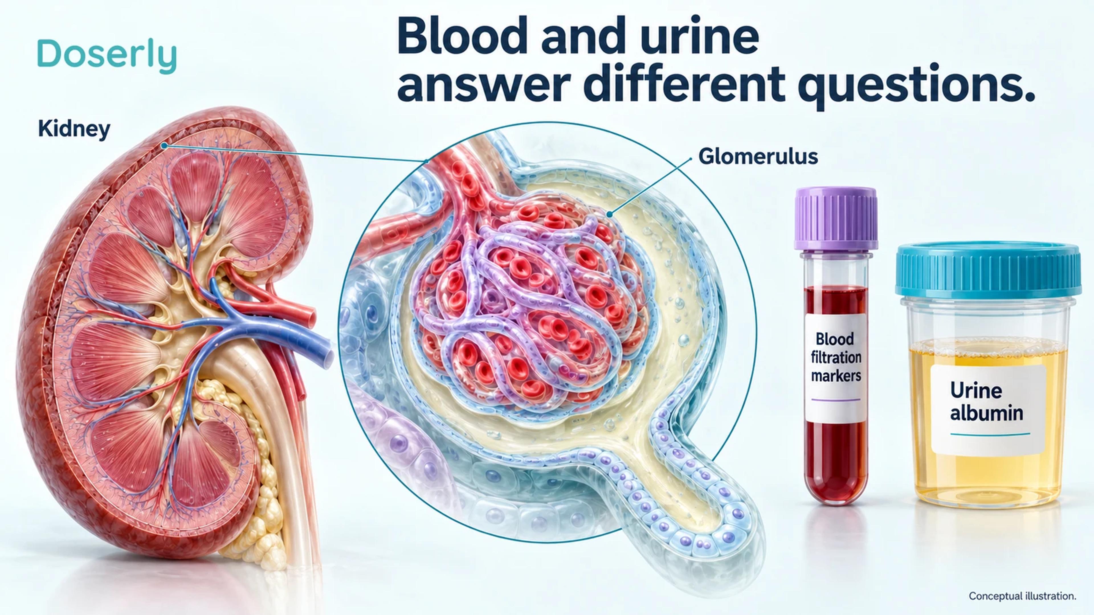 A kidney filtering unit appears alongside separate blood and urine specimens.