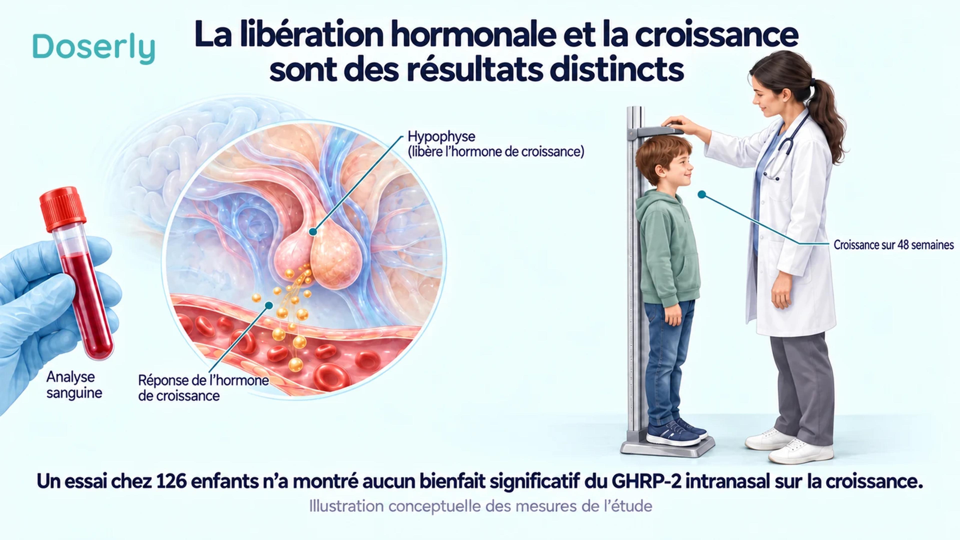 Des prélèvements hormonaux à intervalles définis, à côté d’une mesure distincte de la taille d’un enfant, illustrent les deux résultats évalués dans l’essai.