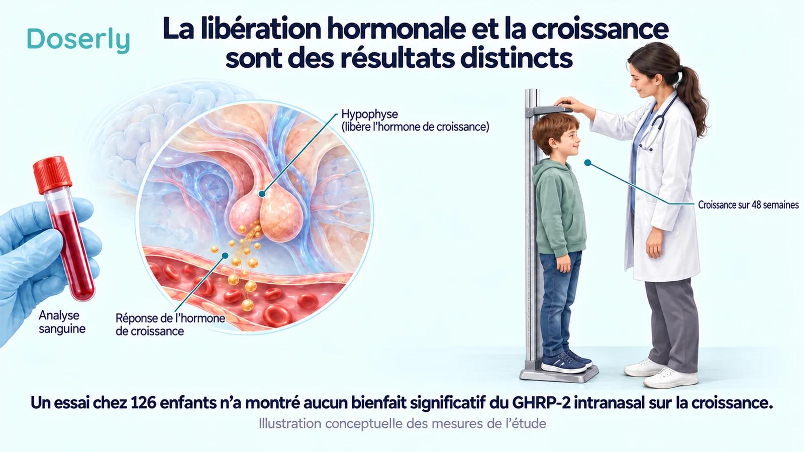 Des prélèvements hormonaux à intervalles définis, à côté d’une mesure distincte de la taille d’un enfant, illustrent les deux résultats évalués dans l’essai.