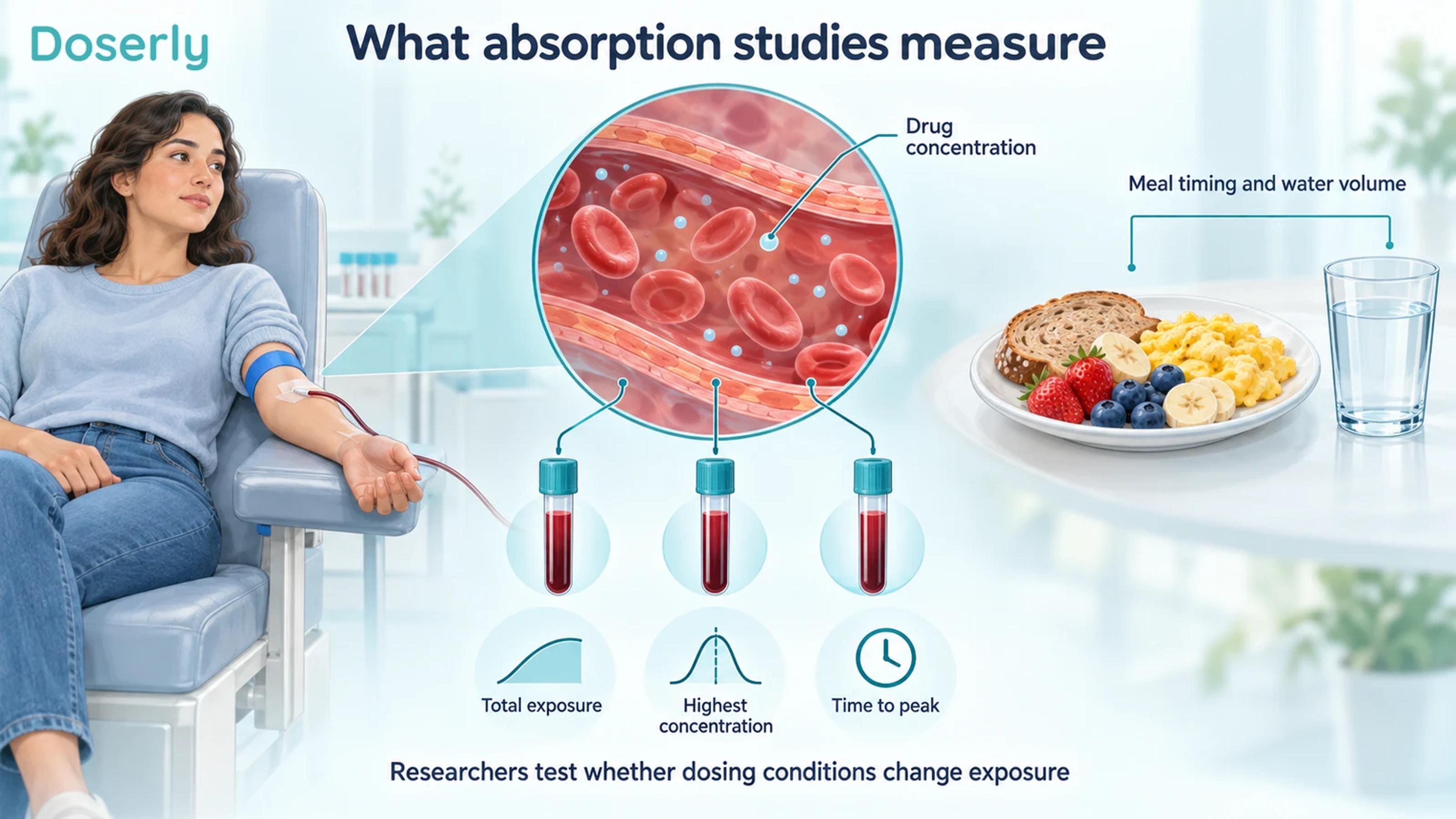 An illustrated clinical blood sampling scene beside a magnified blood vessel, meal and water glass explaining exposure measurements.