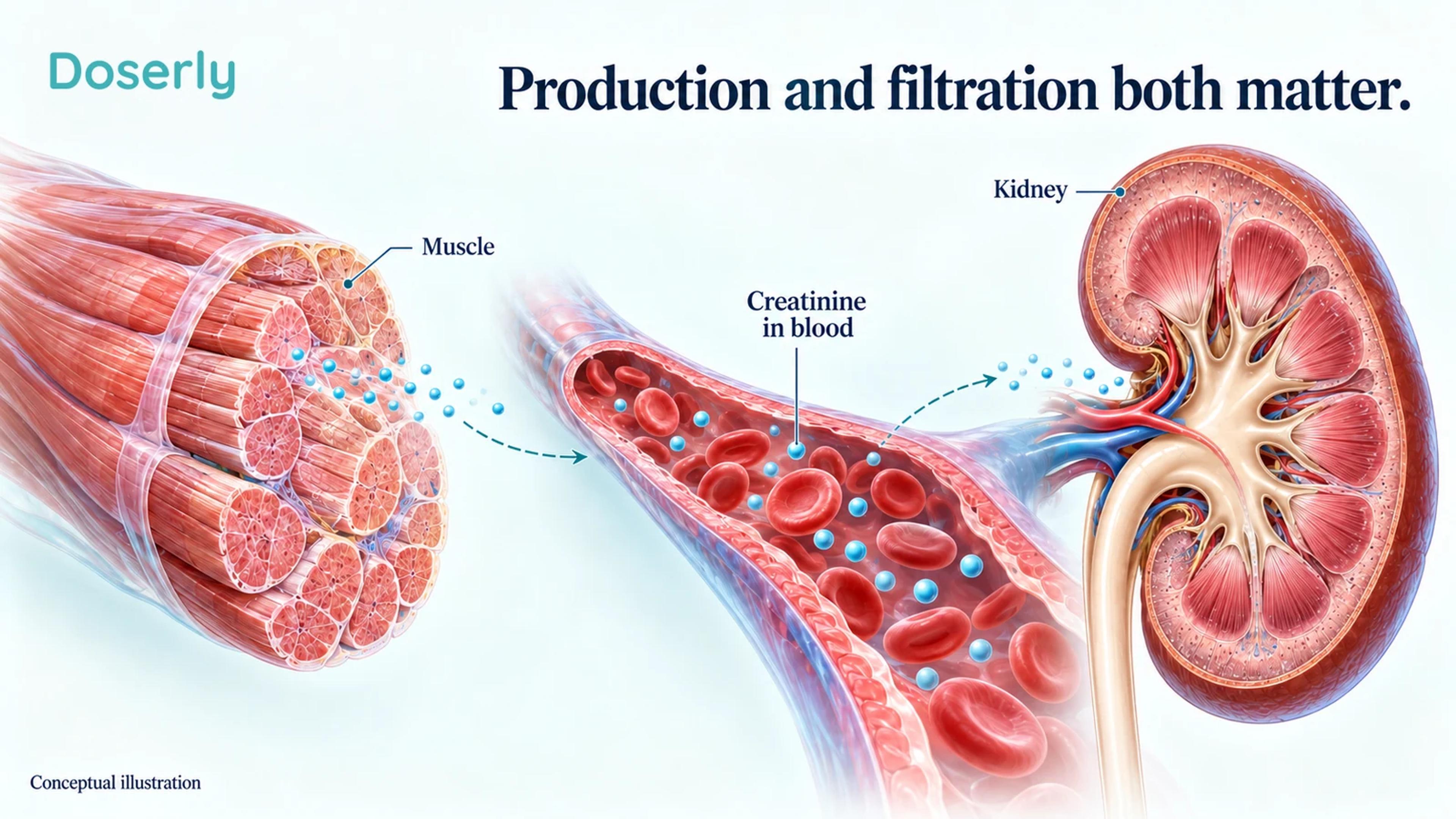 Skeletal muscle, circulating blood and a kidney illustrate creatinine production and clearance.