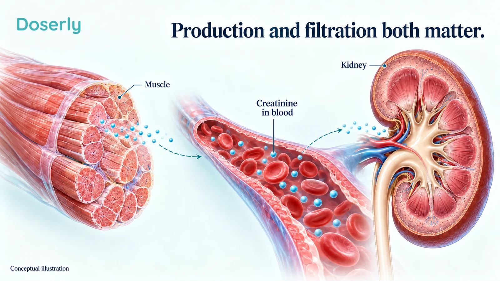 Skeletal muscle, circulating blood and a kidney illustrate creatinine production and clearance.