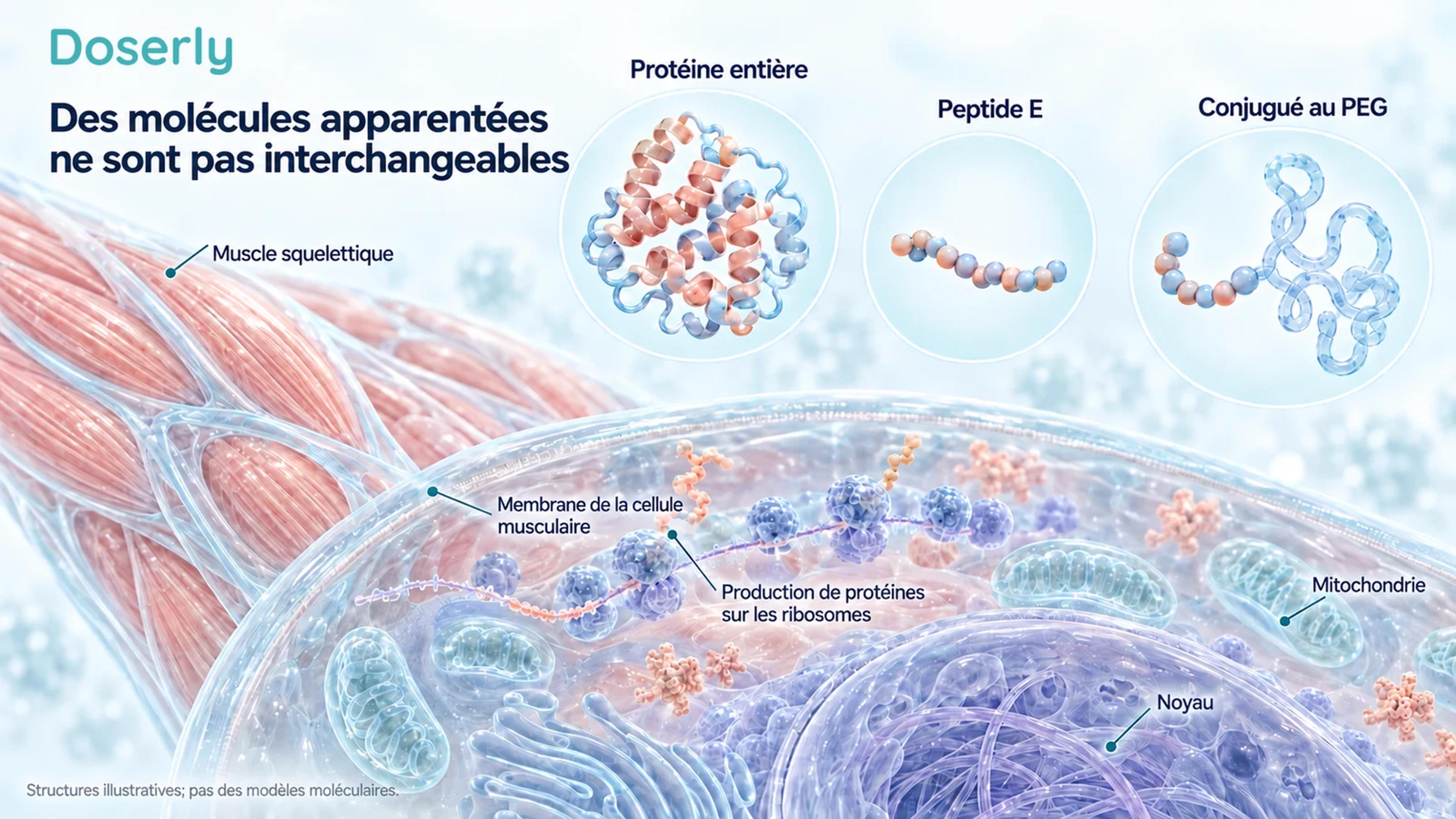 Des structures conceptuelles distinctes d’une protéine entière, d’un court peptide E et d’un peptide conjugué au PEG figurent au-dessus d’une anatomie détaillée des cellules musculaires.