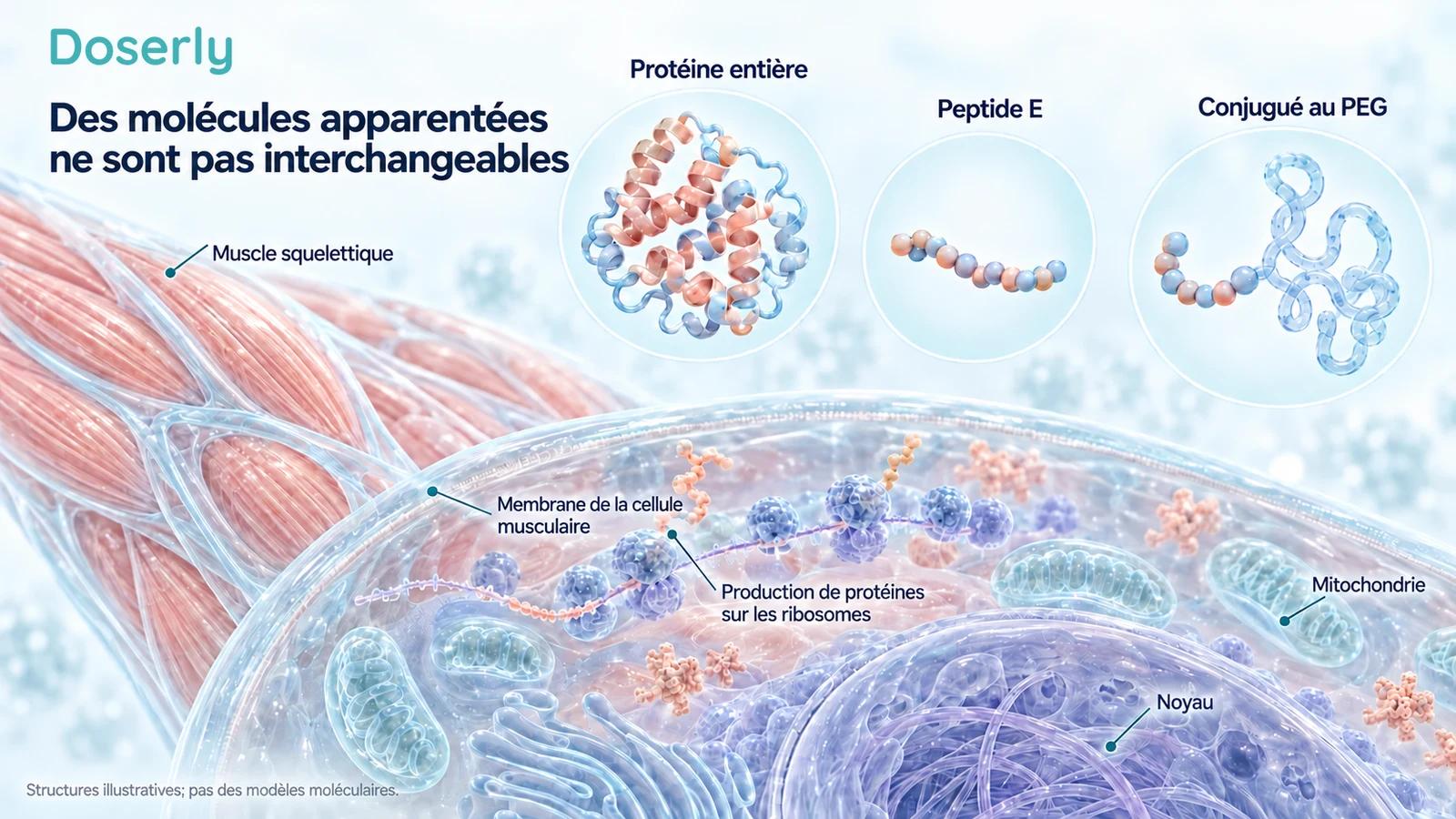 Des structures conceptuelles distinctes d’une protéine entière, d’un court peptide E et d’un peptide conjugué au PEG figurent au-dessus d’une anatomie détaillée des cellules musculaires.