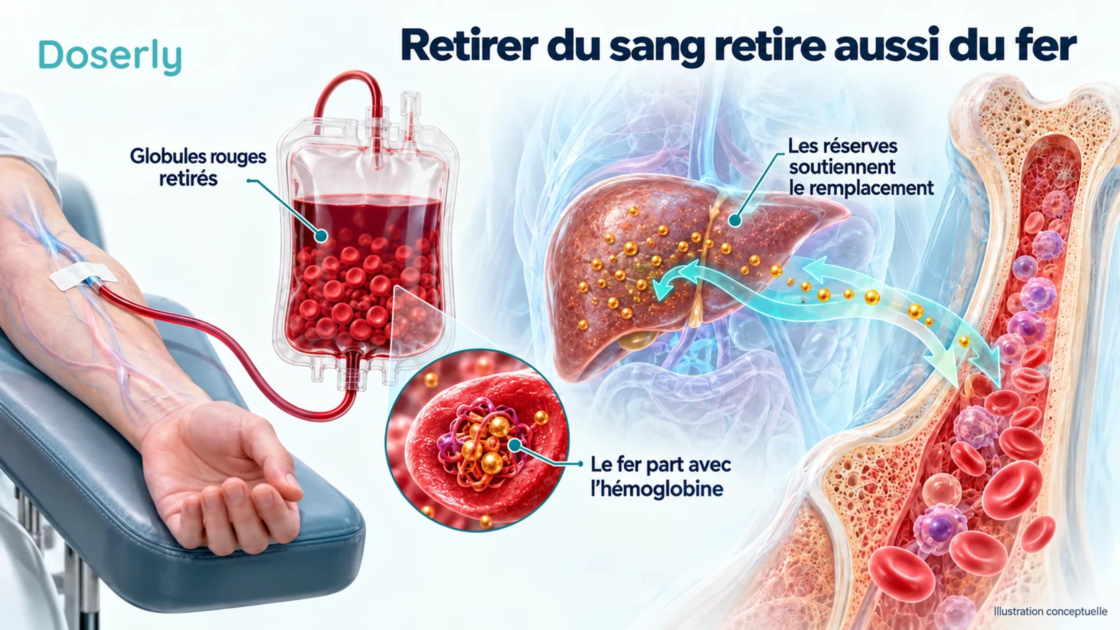 La collecte de sang, l’hémoglobine et les réserves de fer illustrent pourquoi les retraits répétés de sang peuvent réduire les réserves de fer.