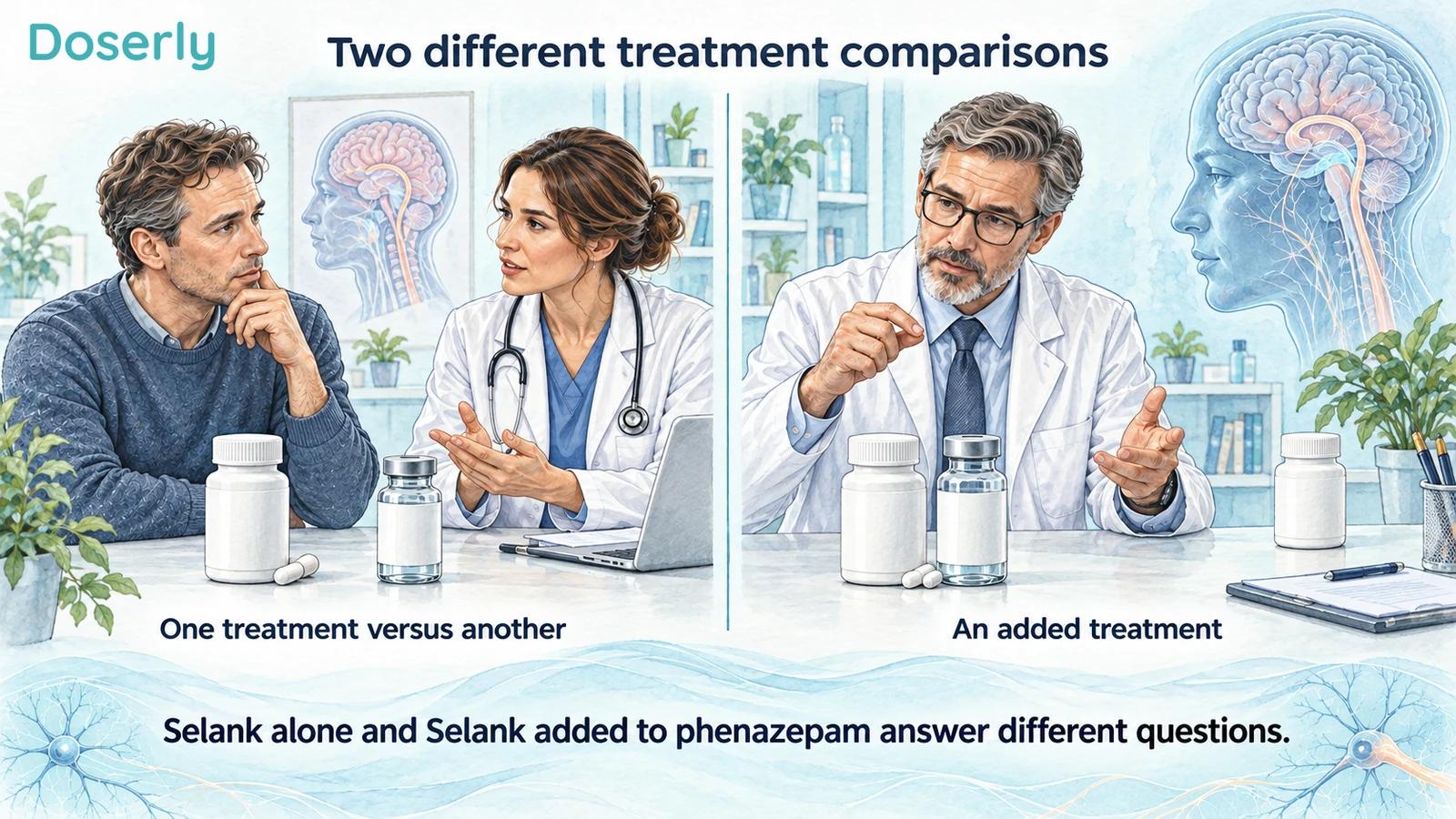 Separate illustrated clinical scenes show a one-treatment comparison and an add-on comparison.