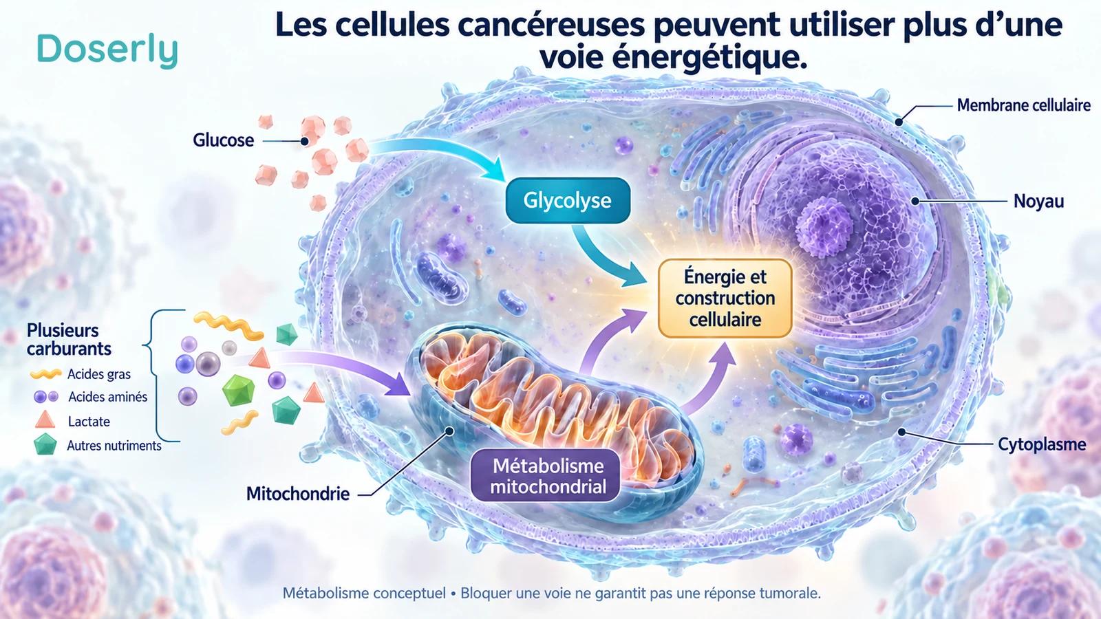 Illustration conceptuelle de la transformation du glucose et du métabolisme mitochondrial, avec plusieurs sources de carburant fournissant l’énergie et les matériaux de construction cellulaires.