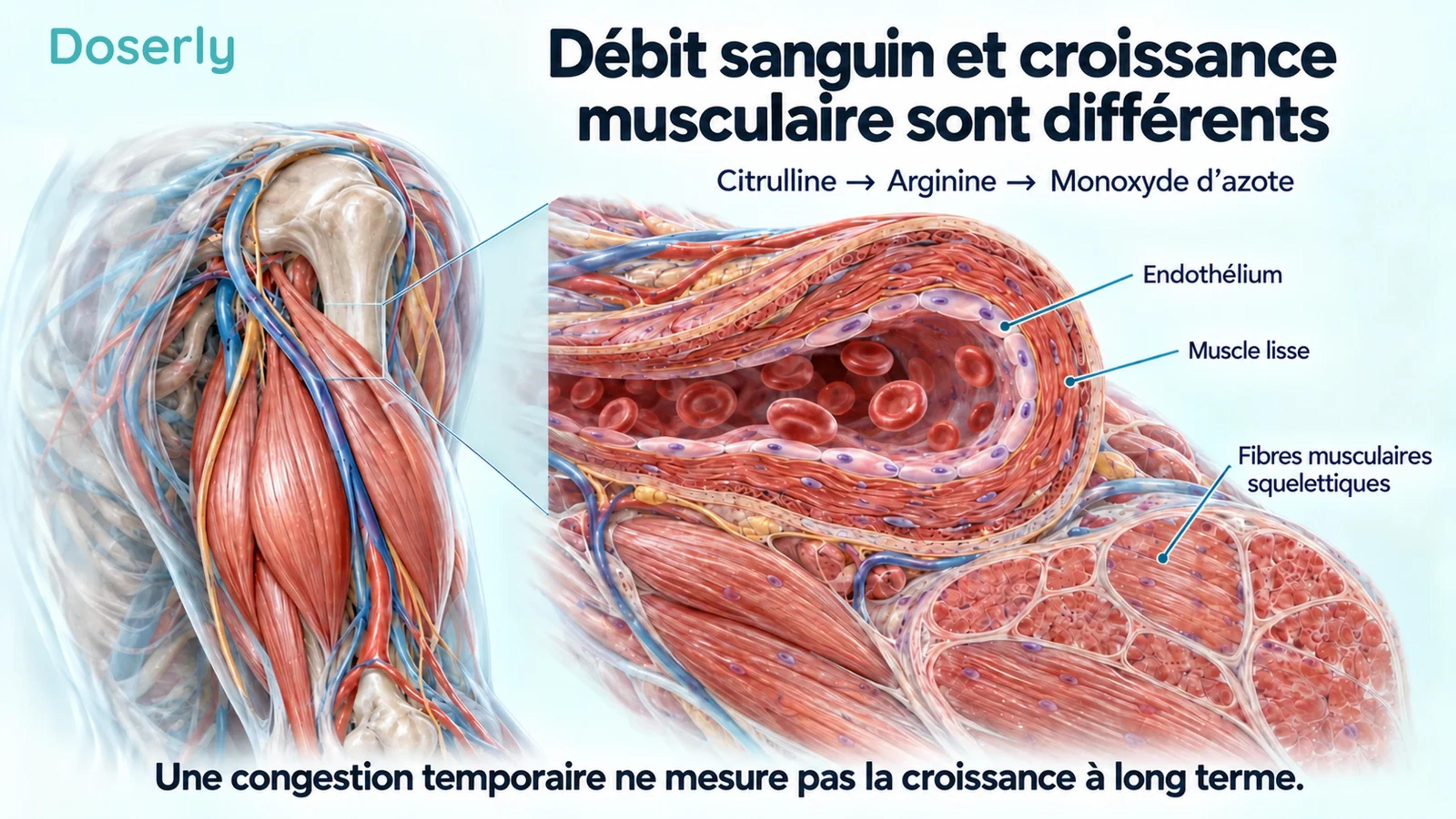 Anatomie translucide du haut du bras avec les couches agrandies d’un vaisseau sanguin et des fibres musculaires squelettiques à proximité.