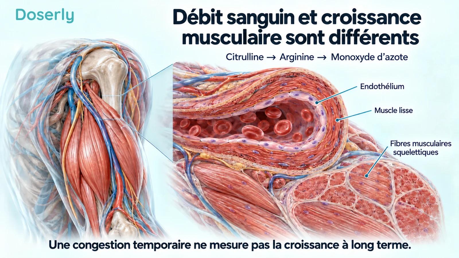 Anatomie translucide du haut du bras avec les couches agrandies d’un vaisseau sanguin et des fibres musculaires squelettiques à proximité.