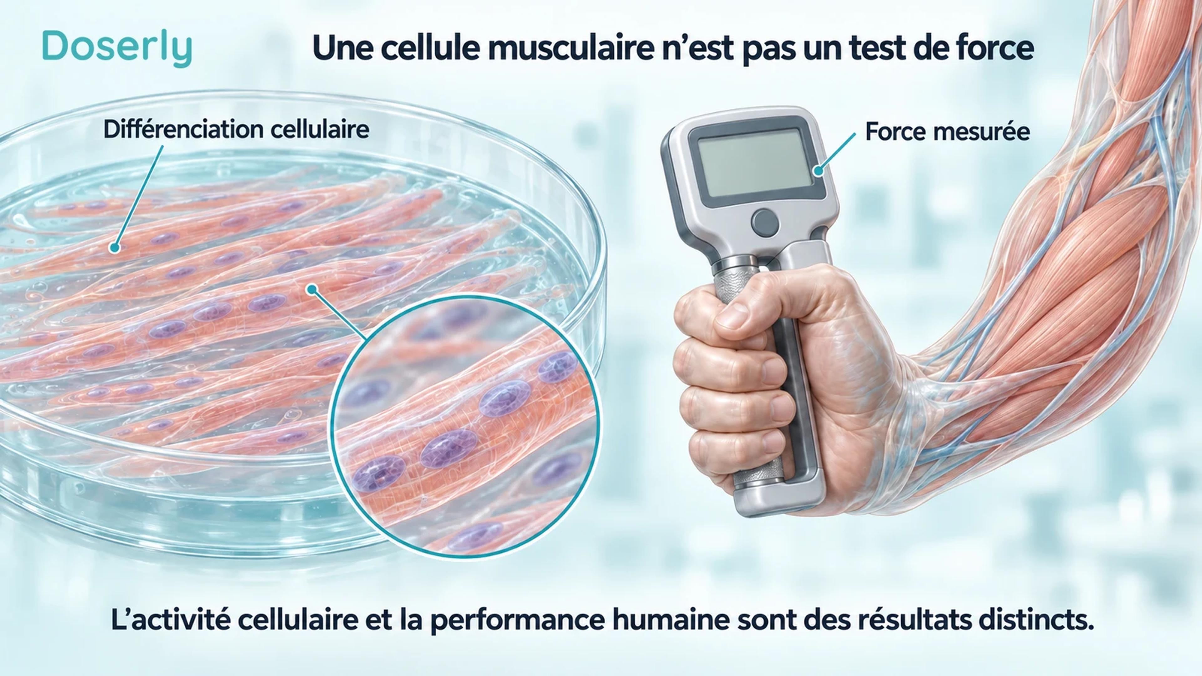 Myotubes musculaires en culture à côté d’une représentation anatomique de la main utilisant un dynamomètre à écran vide
