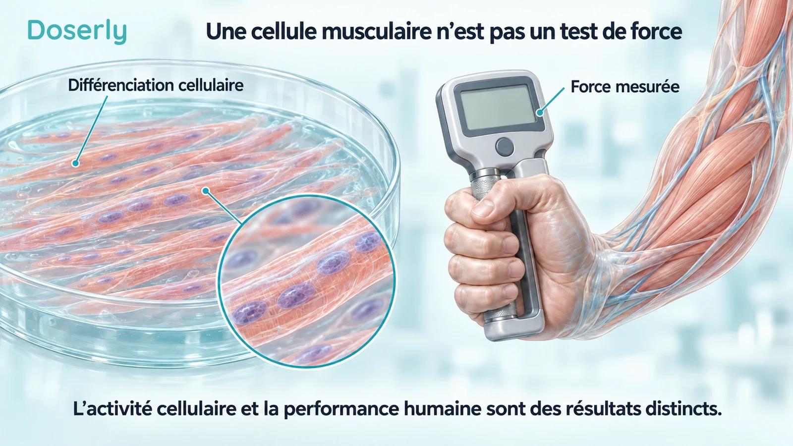 Myotubes musculaires en culture à côté d’une représentation anatomique de la main utilisant un dynamomètre à écran vide