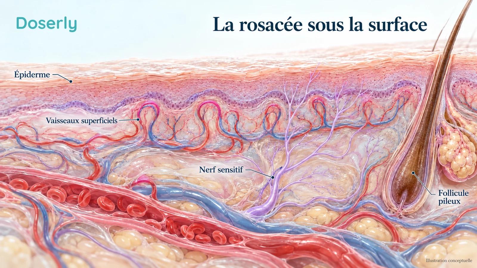 Coupe conceptuelle de la peau montrant des vaisseaux dermiques superficiels, des ramifications nerveuses sensitives et un follicule sous l’épiderme.