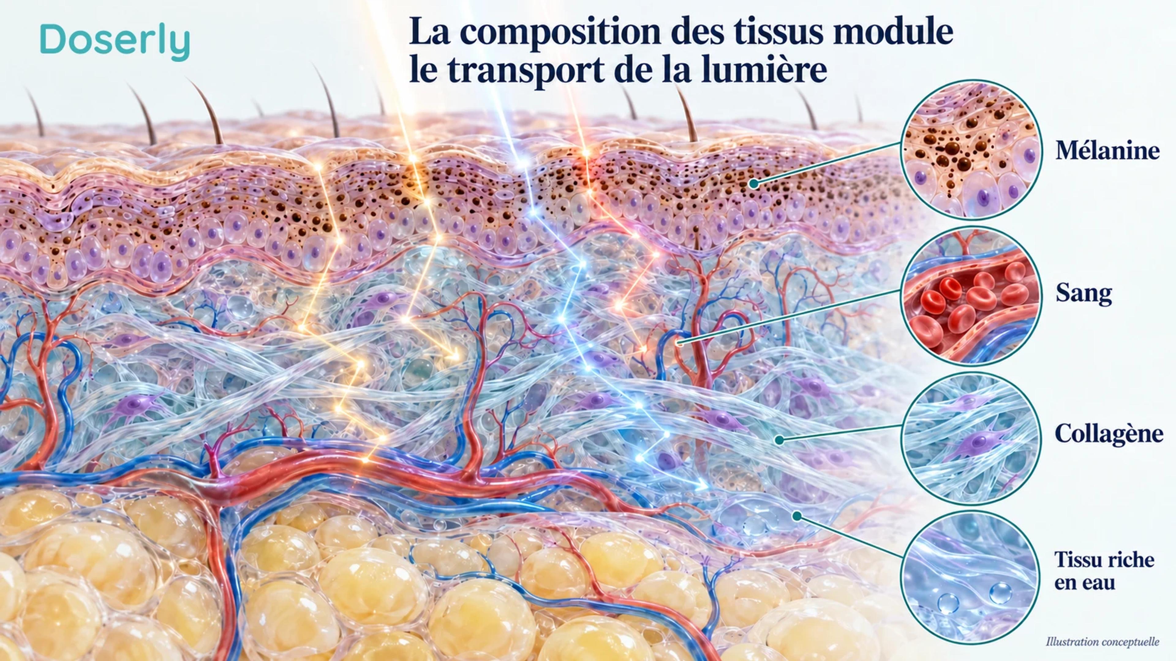 Couches détaillées de la peau montrant des granules de pigment, des vaisseaux sanguins dermiques, du collagène et de la graisse sous-cutanée comme des contributeurs optiques distincts.