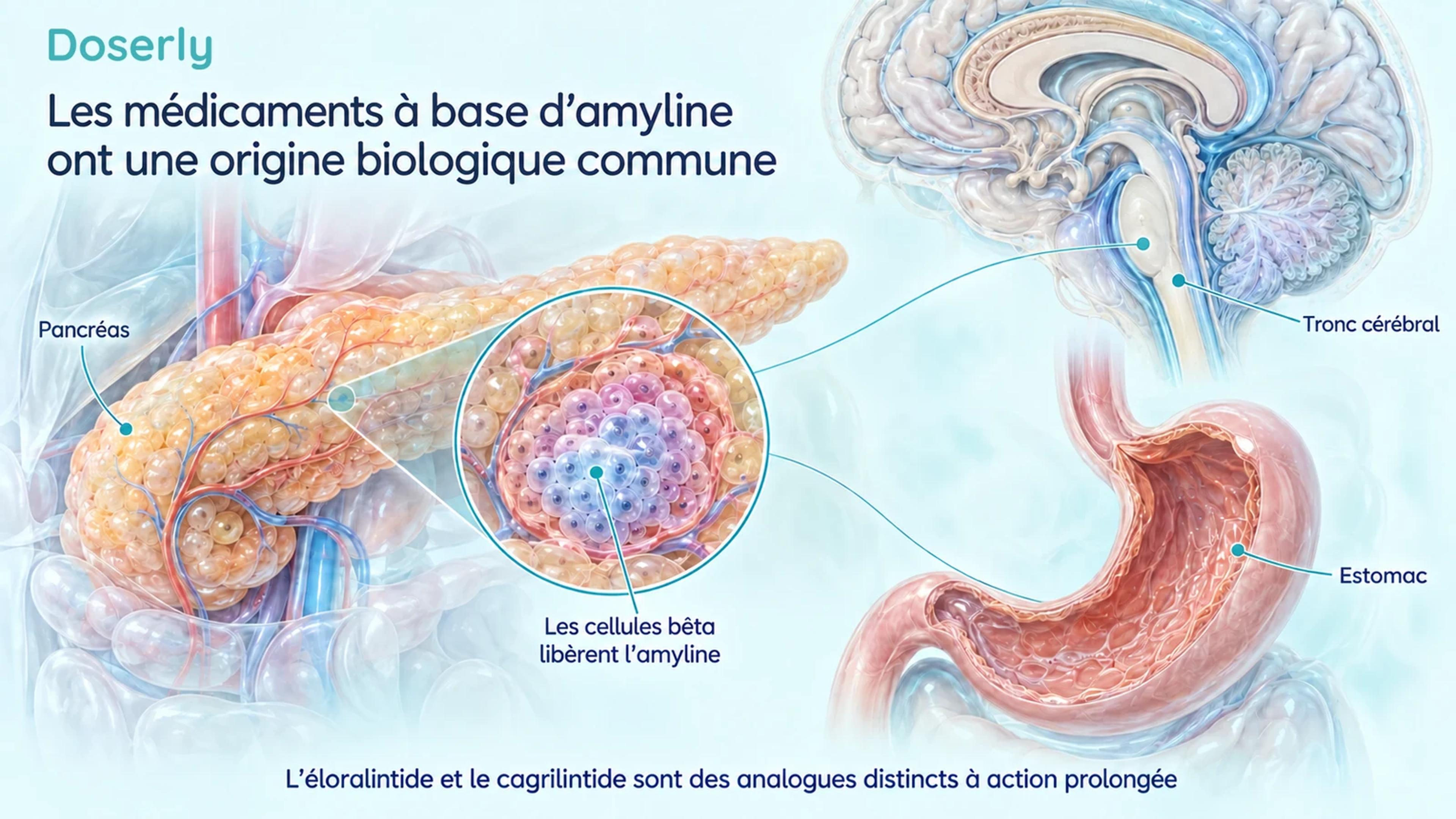 Le pancréas, les cellules bêta, le tronc cérébral et l’estomac illustrent le point de départ commun : l’amyline.
