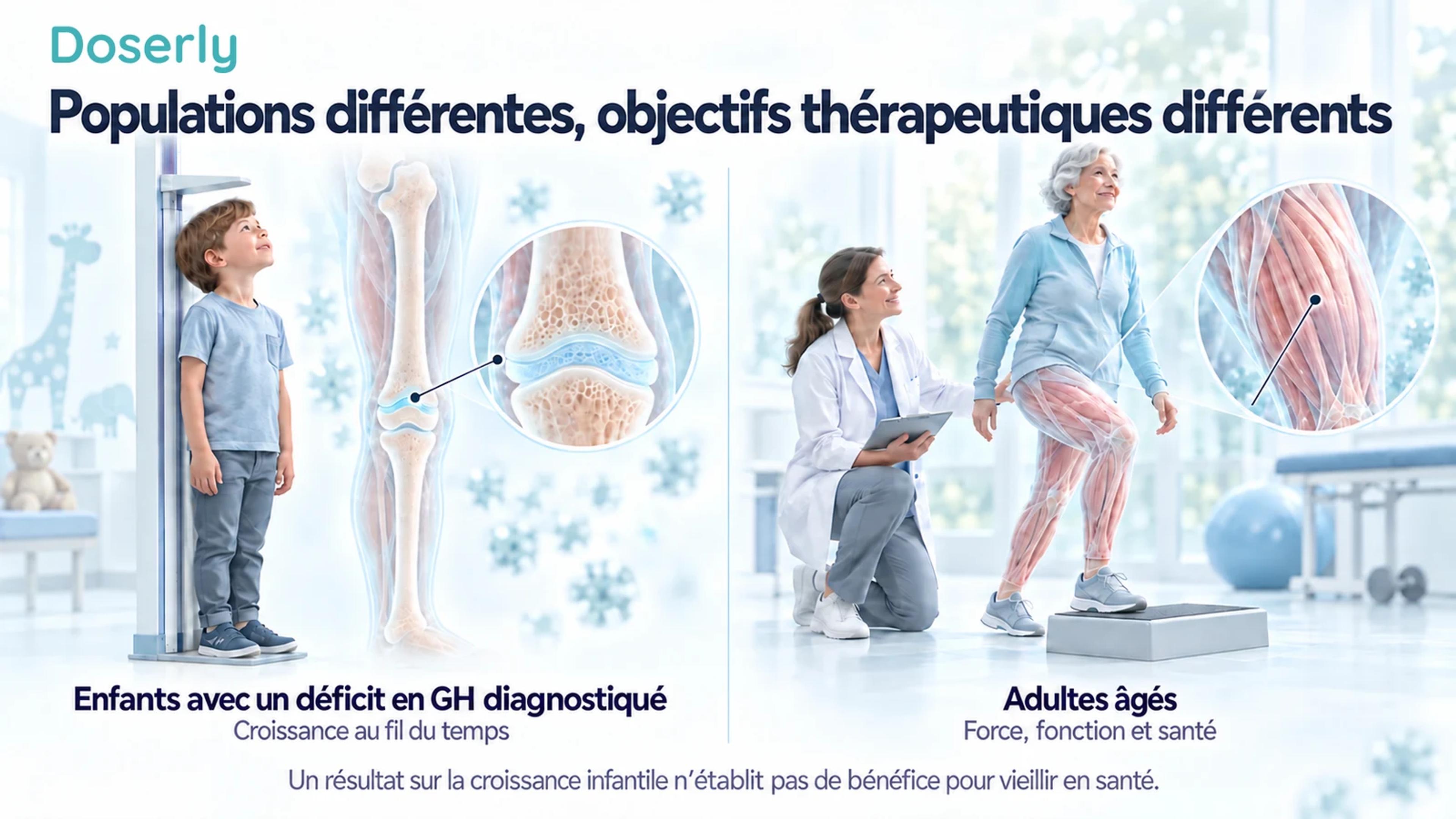 La mesure de la taille d’un enfant et l’évaluation d’un adulte âgé qui monte une marche illustrent des populations et des objectifs cliniques distincts.