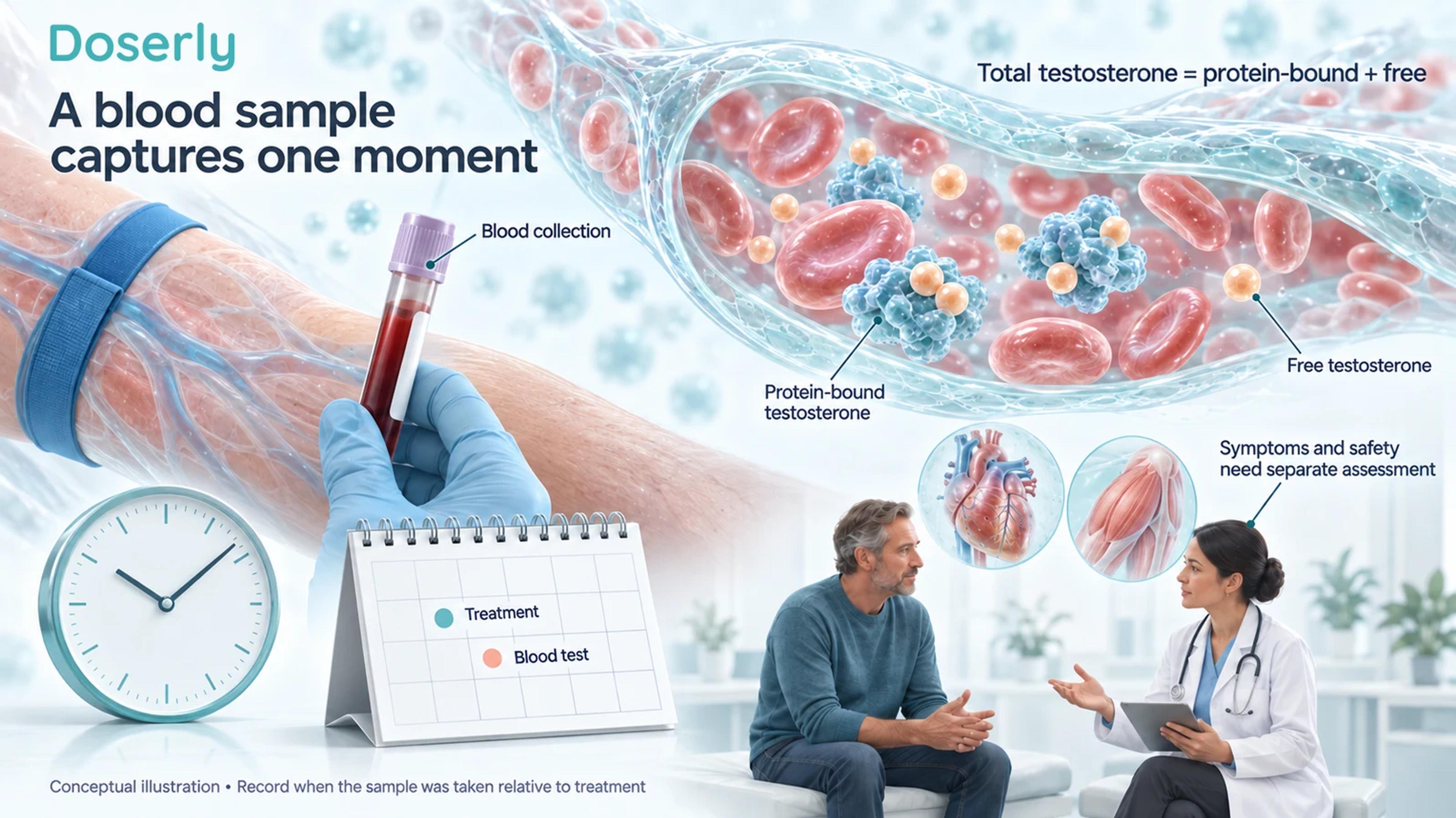 Blood sampling and a capillary containing bound and free testosterone beside a treatment calendar and clinical discussion.