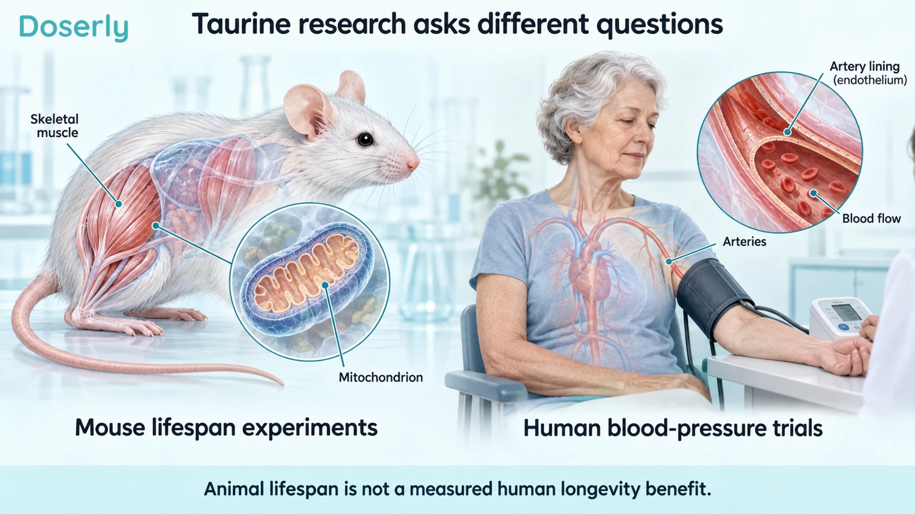 Mouse muscle anatomy beside an adult having blood pressure measured, separating animal lifespan and human blood-pressure research.