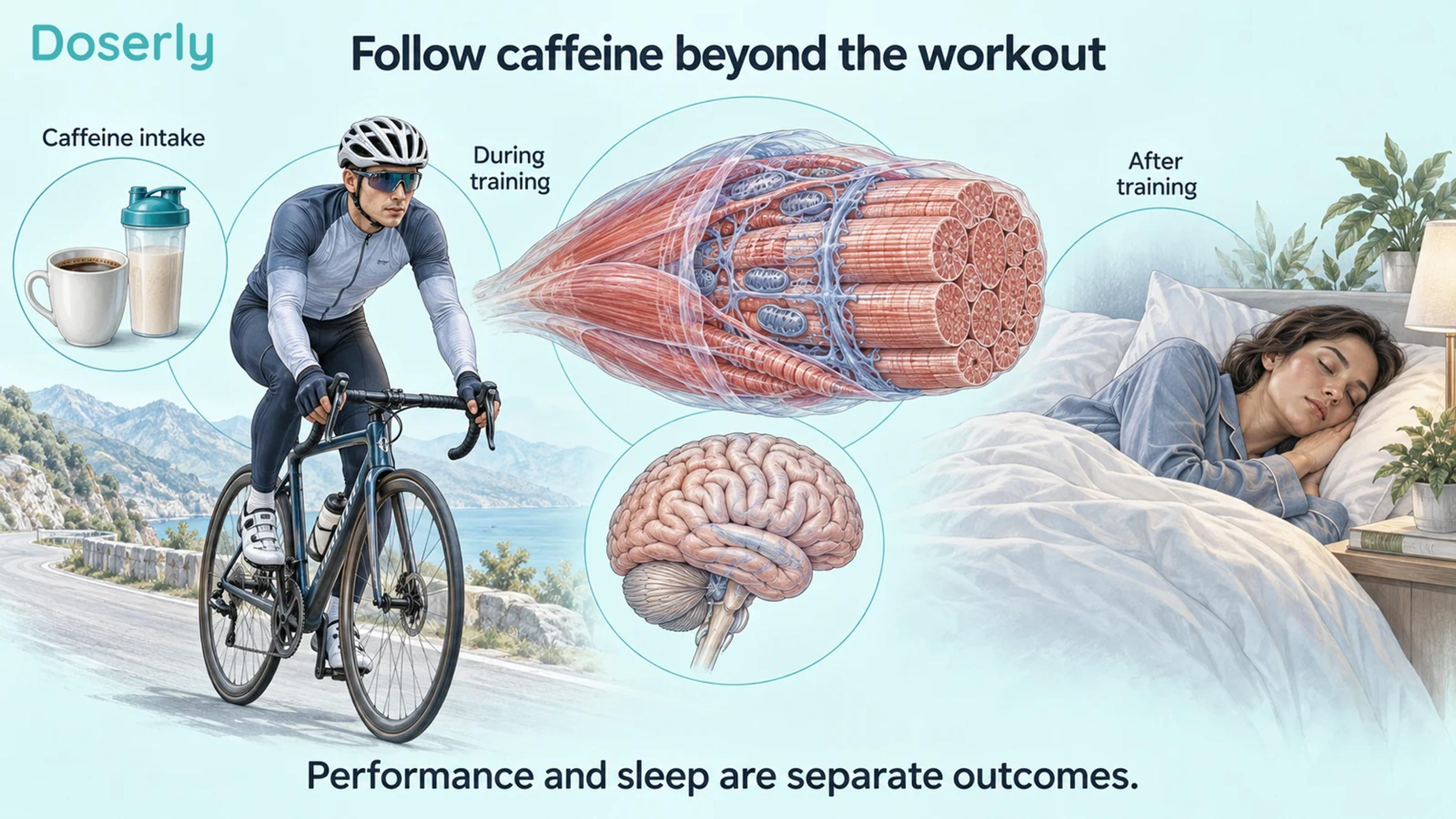 A detailed muscle and brain illustration sits between a cyclist, caffeine drinks and a sleeping adult, separating training from subsequent sleep.