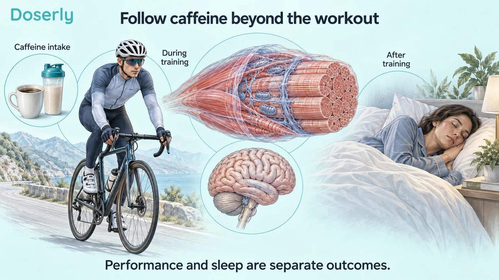 A detailed muscle and brain illustration sits between a cyclist, caffeine drinks and a sleeping adult, separating training from subsequent sleep.