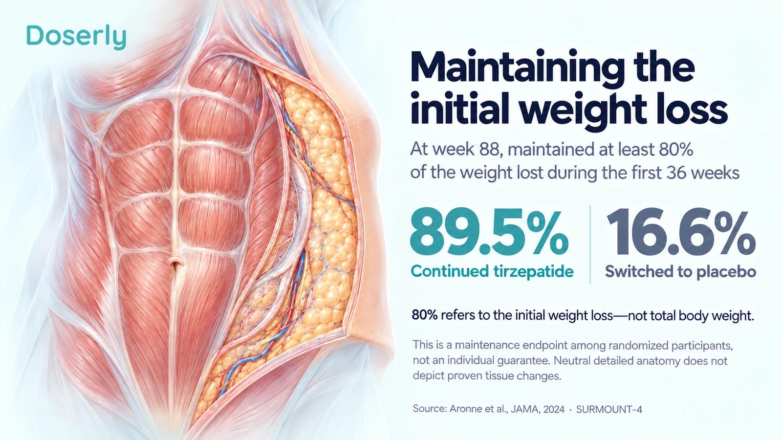 Neutral abdominal tissue illustration accompanies the SURMOUNT-4 maintenance result: 89.5% with continued tirzepatide and 16.6% after switching to placebo.