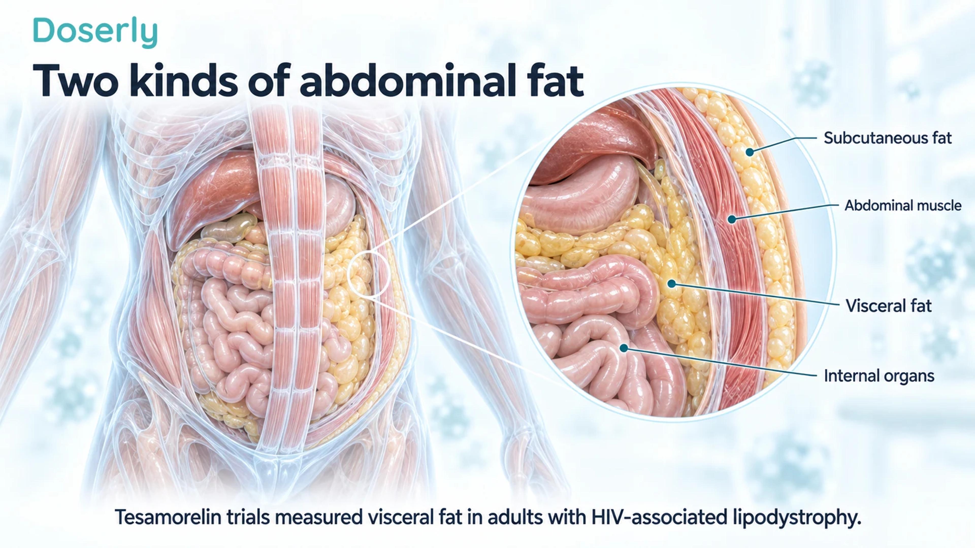 Medical illustration showing subcutaneous abdominal fat outside the muscle wall and visceral fat surrounding internal organs.