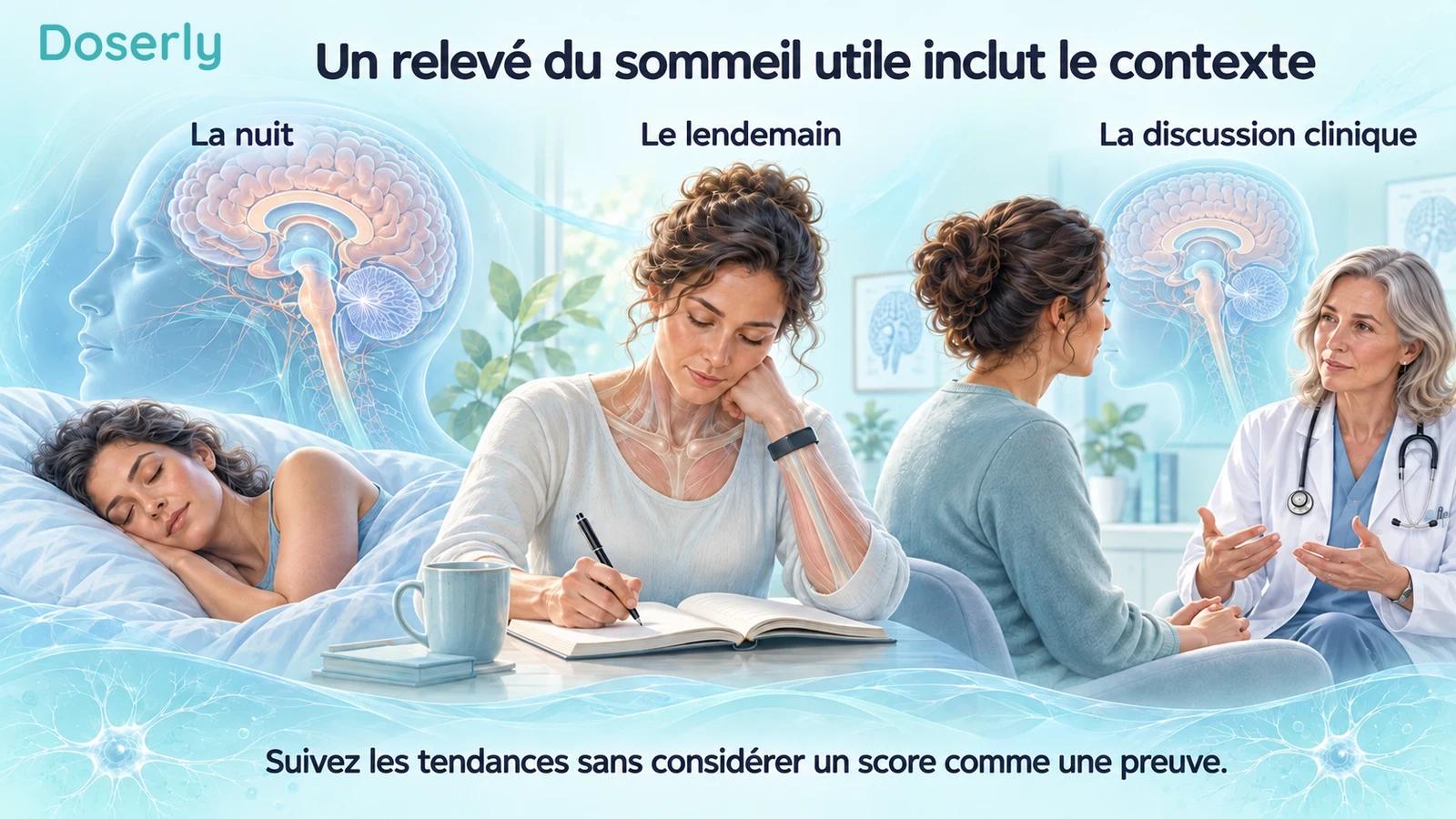 Une nuit de sommeil, une entrée matinale dans un journal et une consultation clinique présentées comme des éléments complémentaires d’un relevé du sommeil.