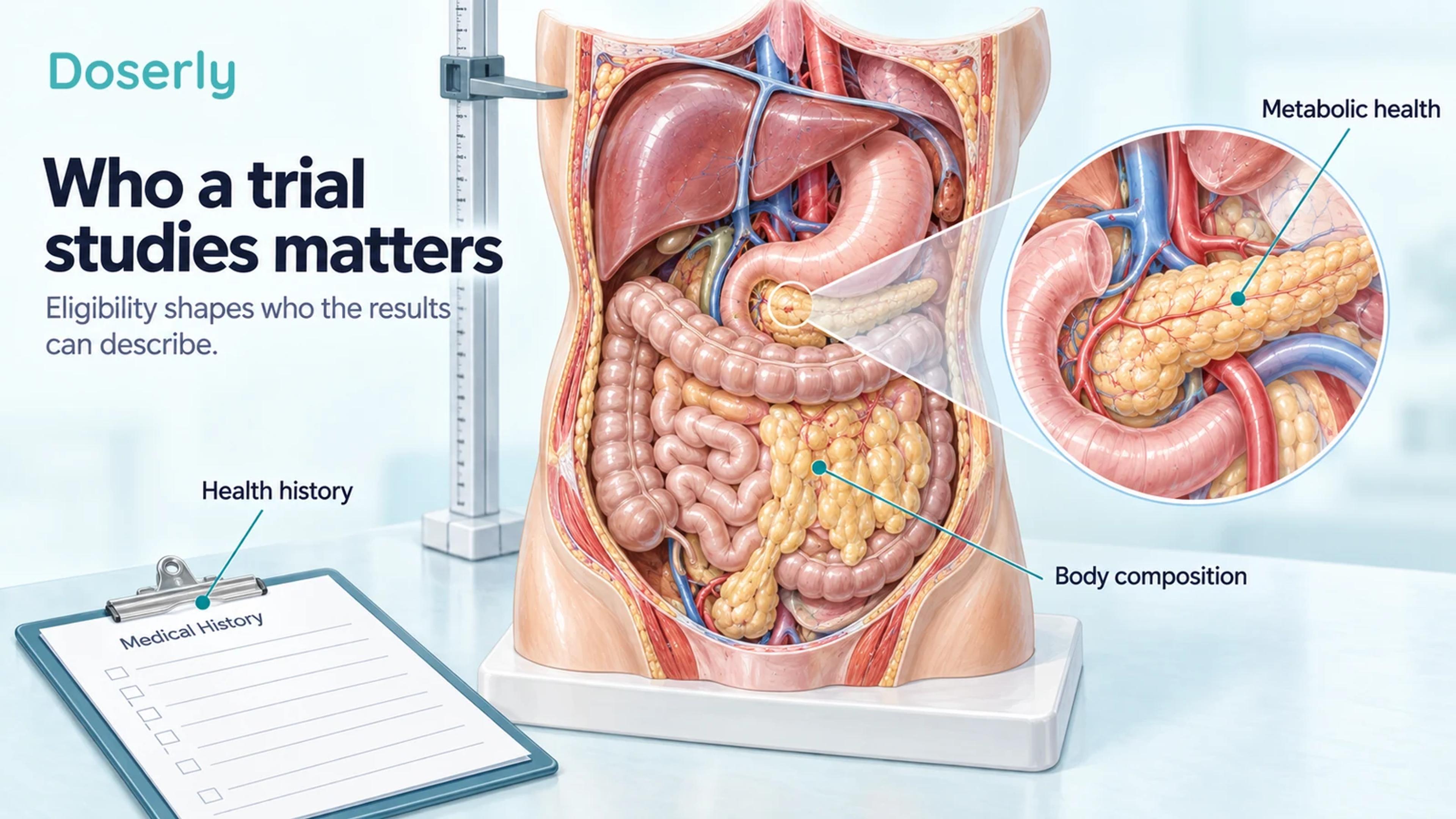 Medical-atlas abdominal model with pancreas detail, visceral fat, a stadiometer and a medical-history clipboard illustrating factors that define trial eligibility.