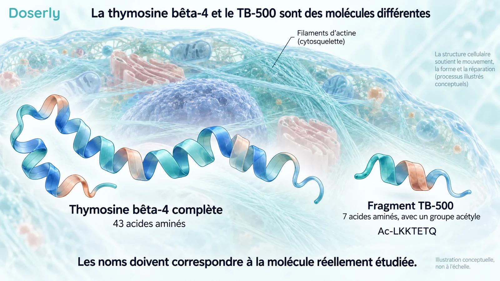 Sur un fond cellulaire, des rubans peptidiques conceptuels long et court sont identifiés comme la thymosine bêta-4 complète et le fragment TB-500.