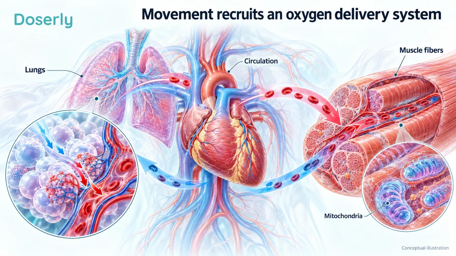 Conceptual oxygen transport through lungs and circulation to skeletal muscle fibers and mitochondria.