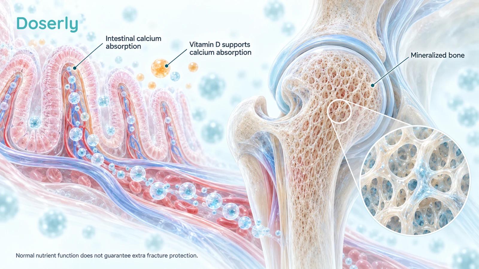 Intestinal villi and a femoral head with a trabecular-bone inset illustrate calcium absorption and bone mineralization.