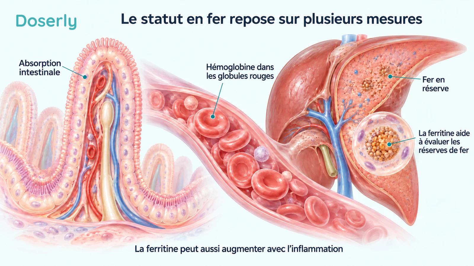 Anatomie de l’absorption dans l’intestin grêle, globules rouges et tissu hépatique illustrant l’hémoglobine et les réserves de fer comme des aspects différents du statut en fer.