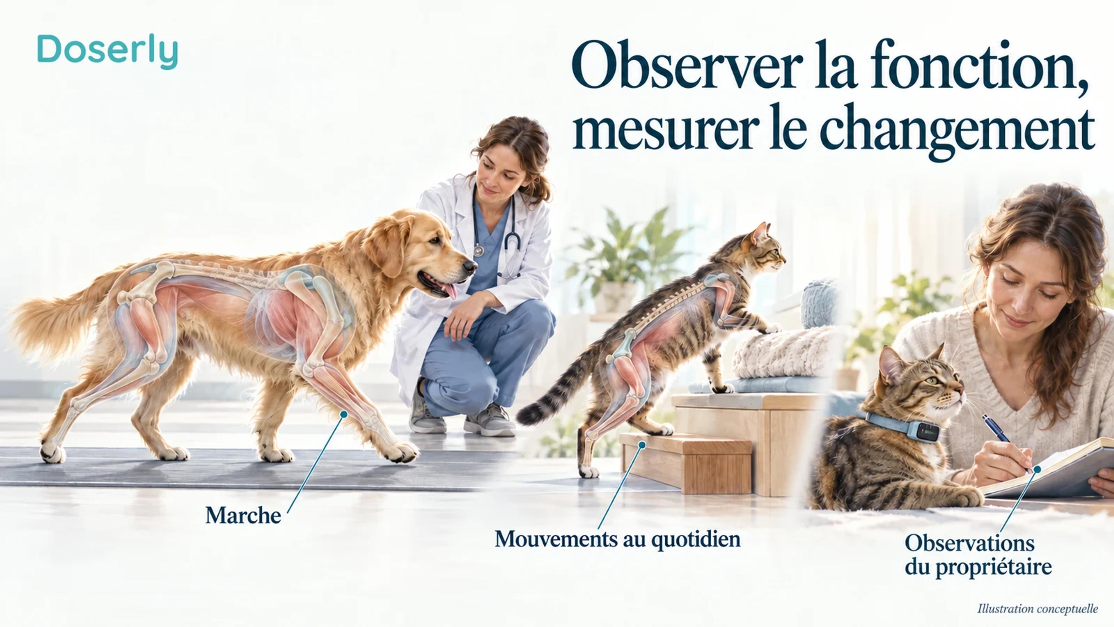 Un chien marche sur un tapis de mesure pendant qu’un chat utilise une marche basse, à côté d’un propriétaire qui consigne ses observations quotidiennes.