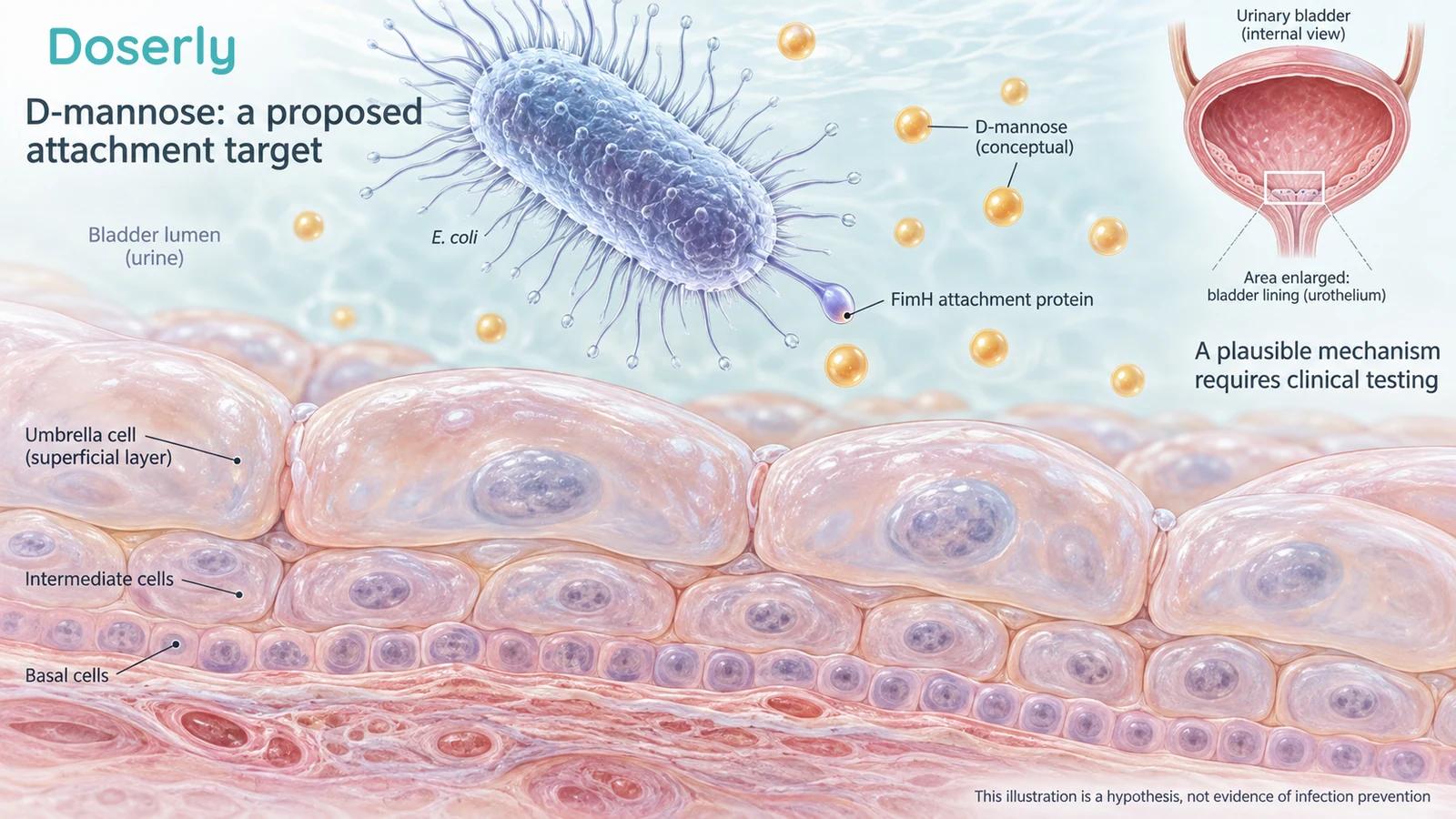 Conceptual E. coli attachment machinery near the layered bladder lining, with D-mannose represented by simple spheres.