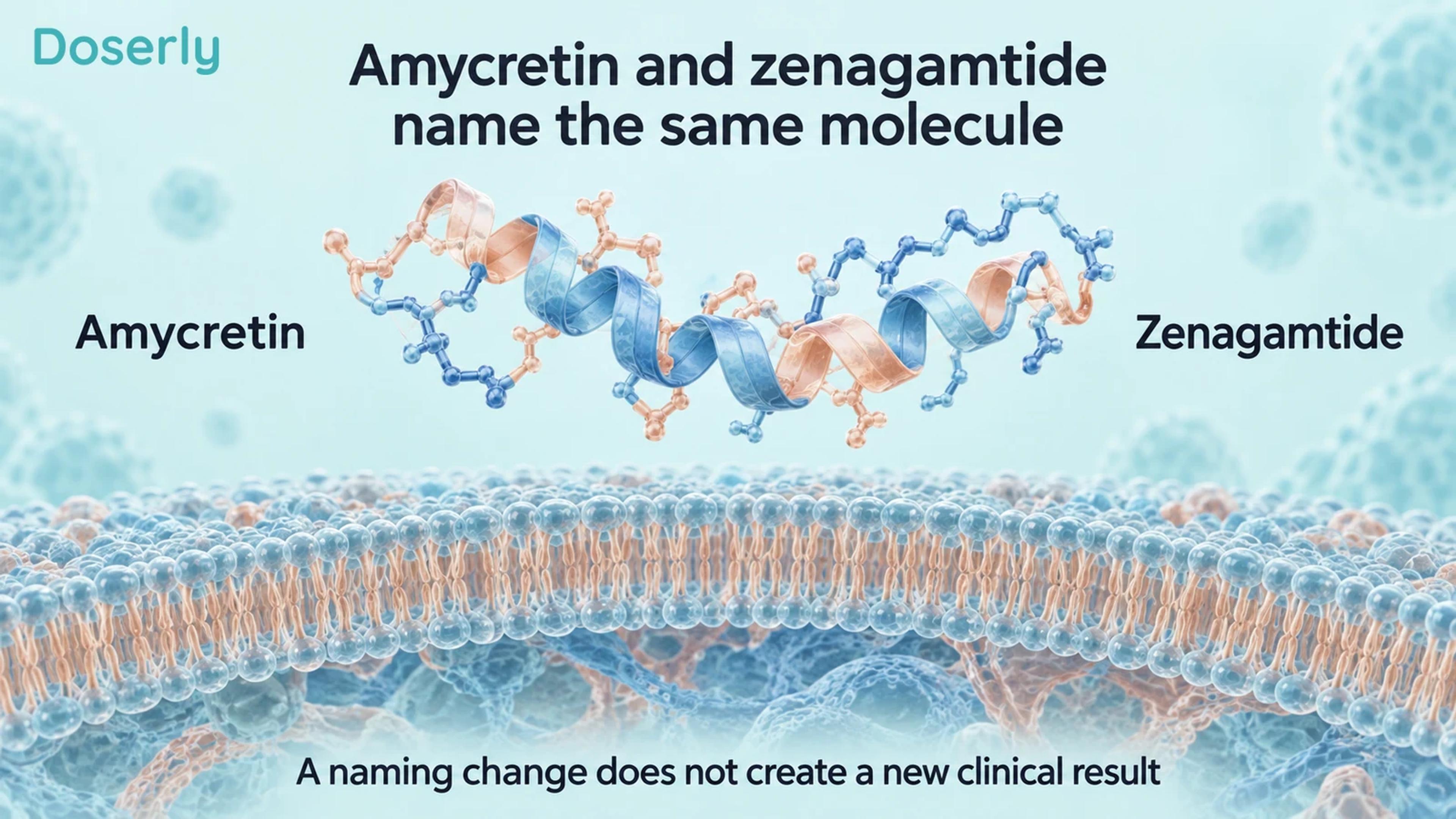 One conceptual peptide ribbon between the names amycretin and zenagamtide above a cell membrane.