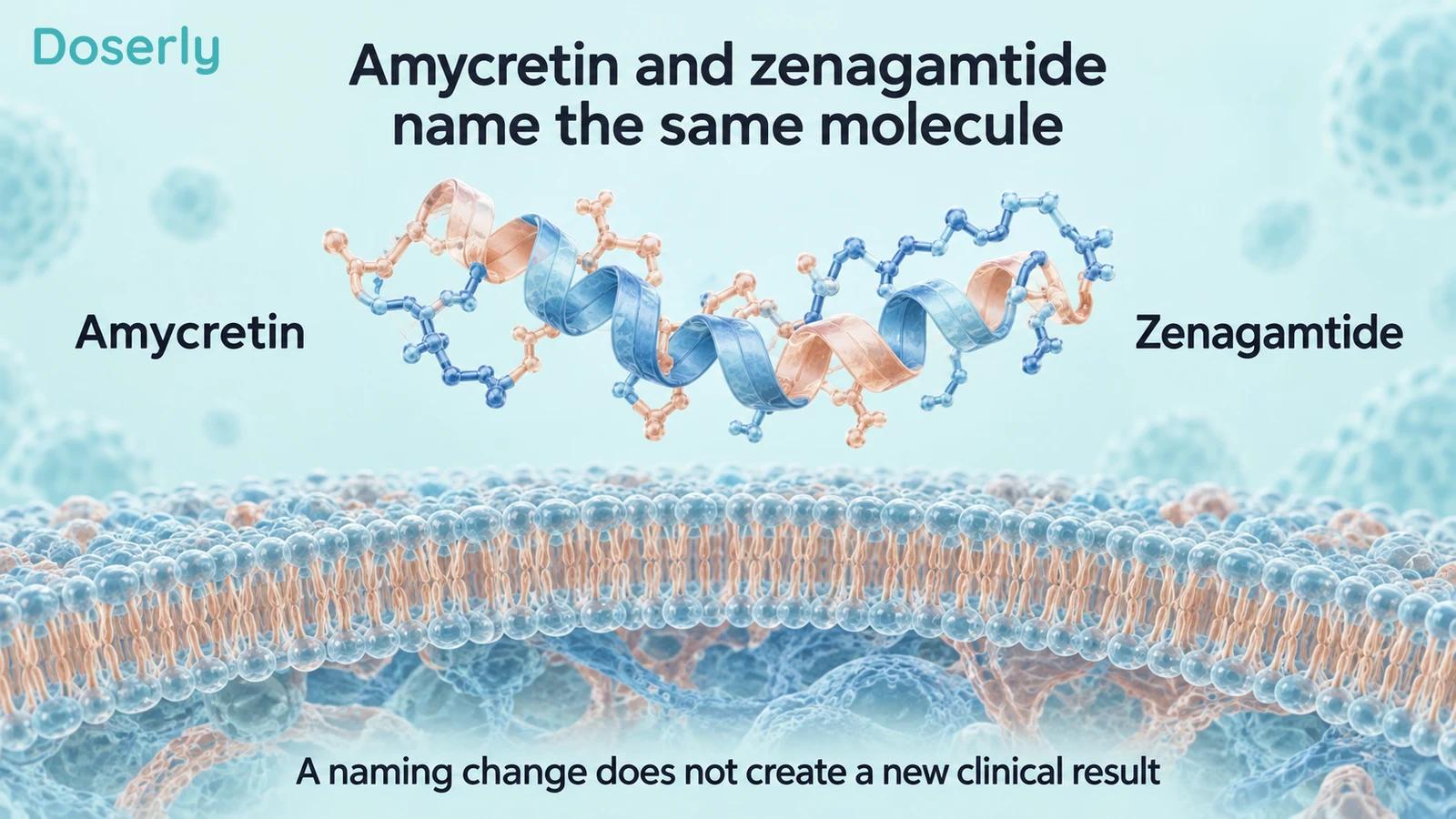 One conceptual peptide ribbon between the names amycretin and zenagamtide above a cell membrane.