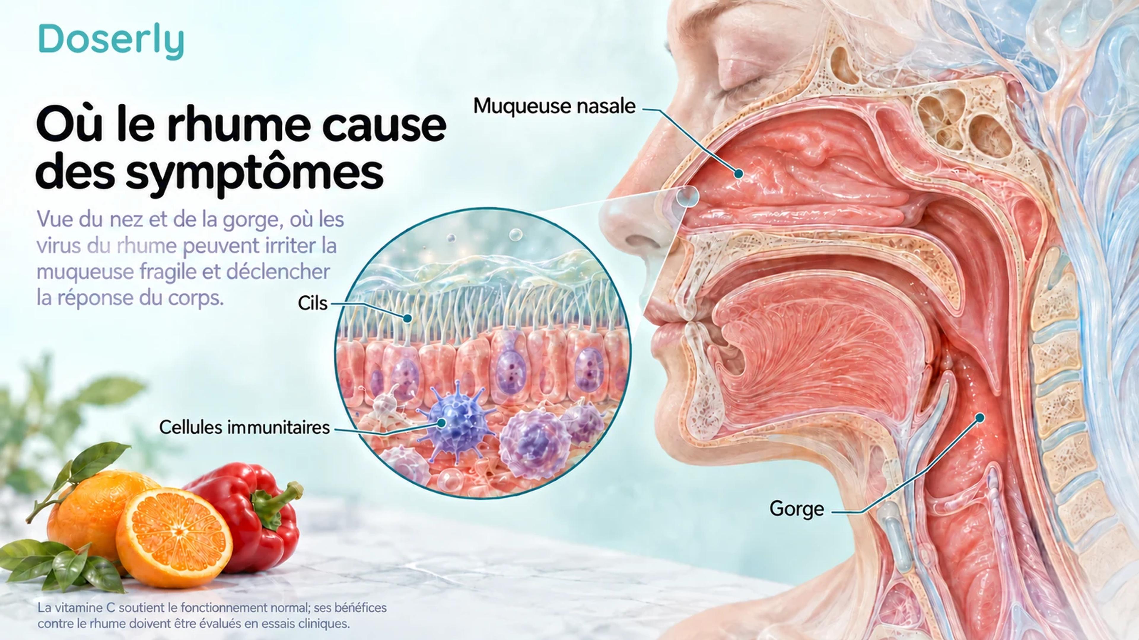 Une coupe détaillée de la tête et du cou et un agrandissement de la muqueuse ciliée des voies respiratoires montrent le nez, la gorge et les cellules immunitaires qui interviennent dans les symptômes du rhume.