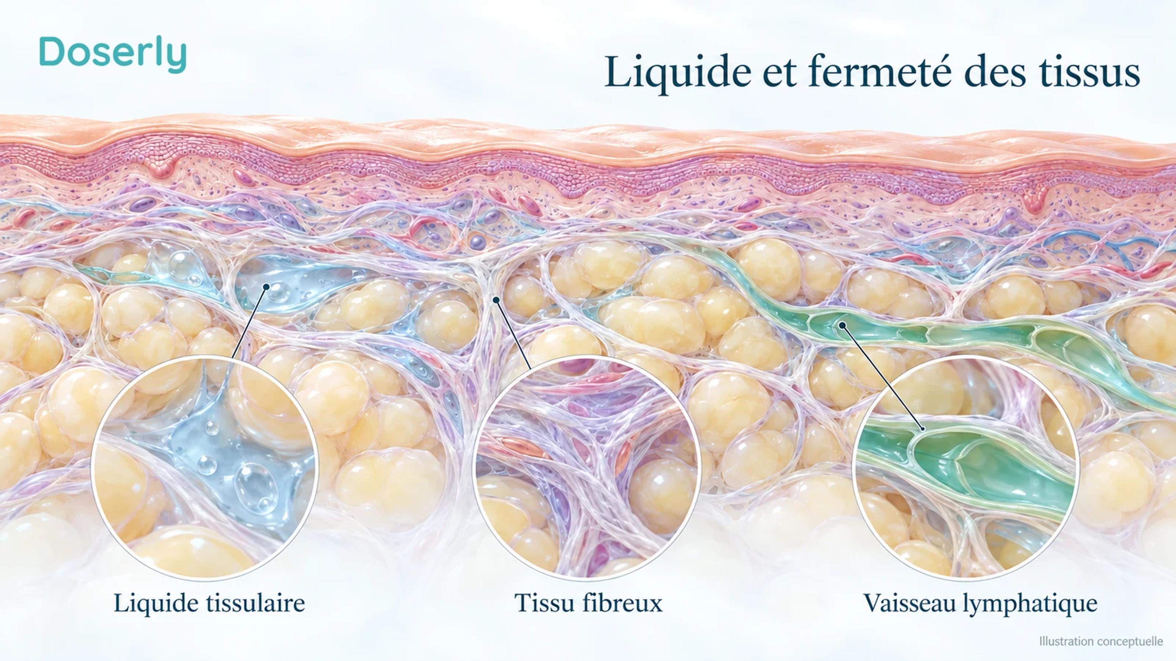Coupe conceptuelle de la peau et du tissu sous-cutané avec des repères distincts pour les espaces liquidiens, le tissu fibreux et un vaisseau lymphatique.