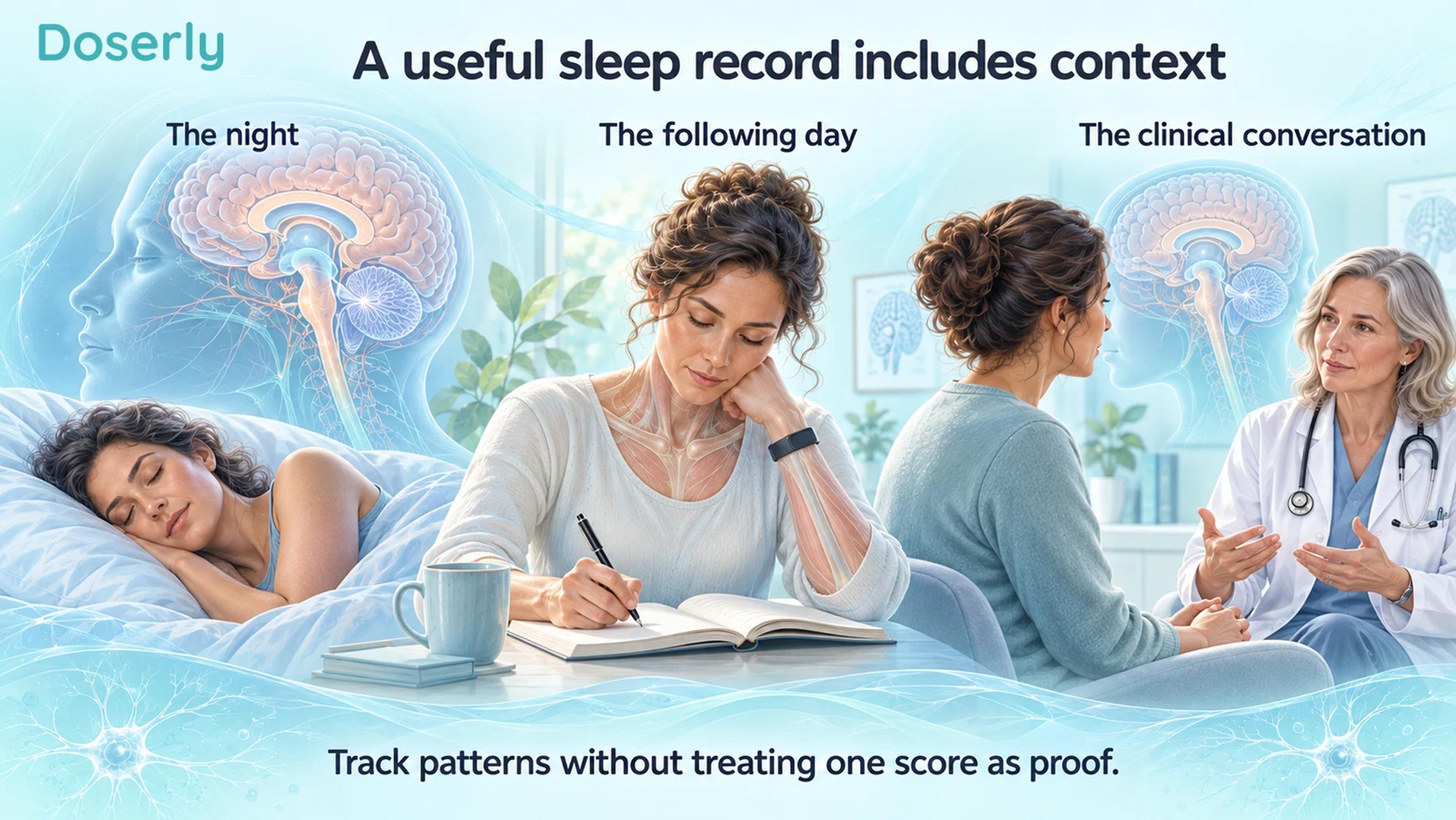 A night of sleep, a morning diary entry and a clinician consultation shown as complementary parts of a sleep record.