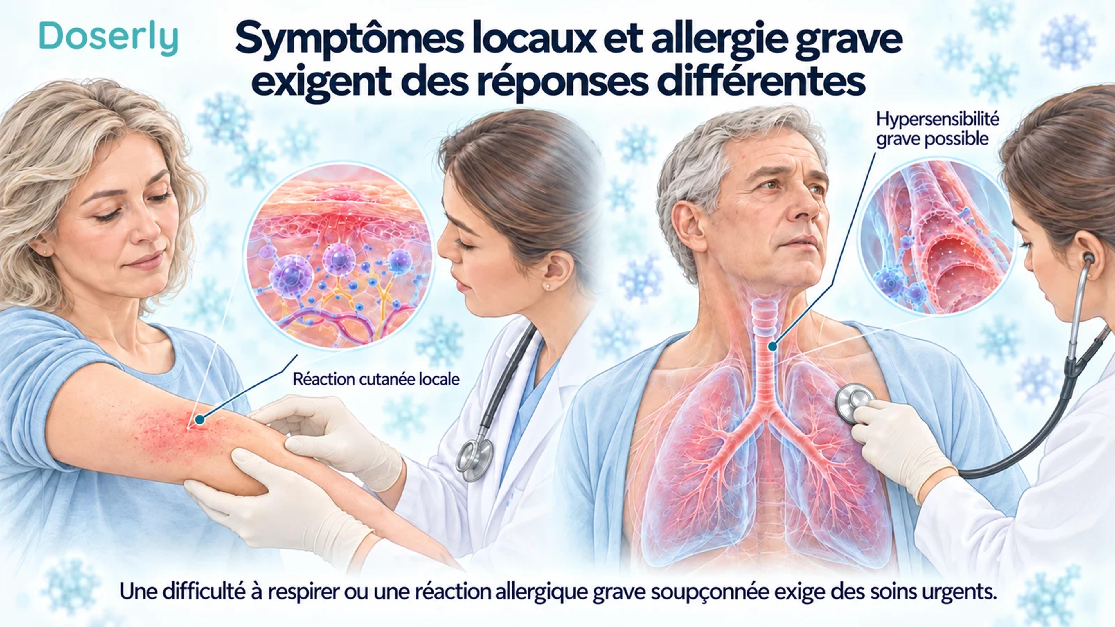 Clinicien examinant une réaction cutanée locale à côté d’une scène clinique distincte illustrant une possible hypersensibilité grave.