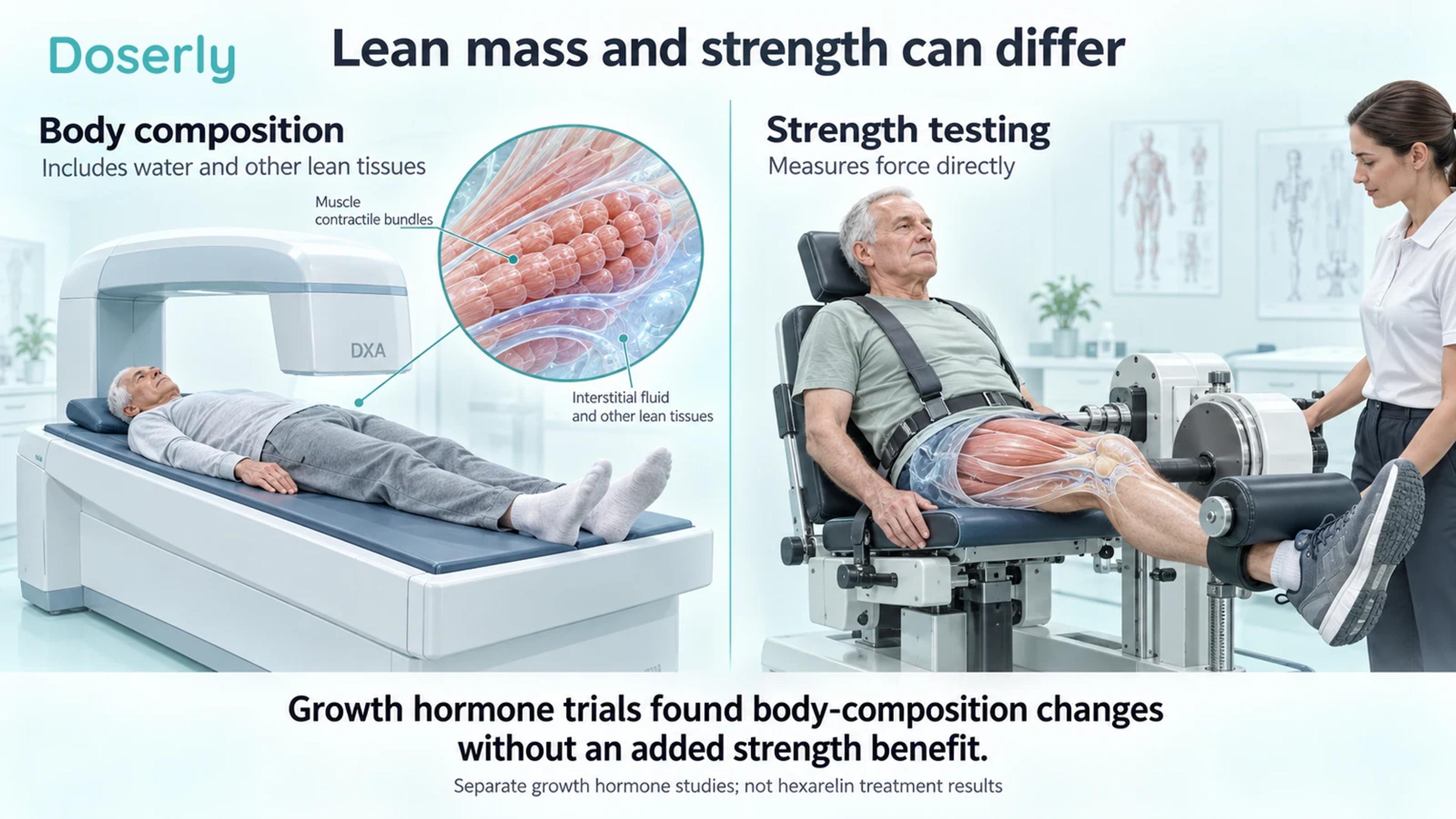 An older adult undergoing body-composition scanning beside a clinical knee-strength test, with a muscle-and-fluid cutaway.