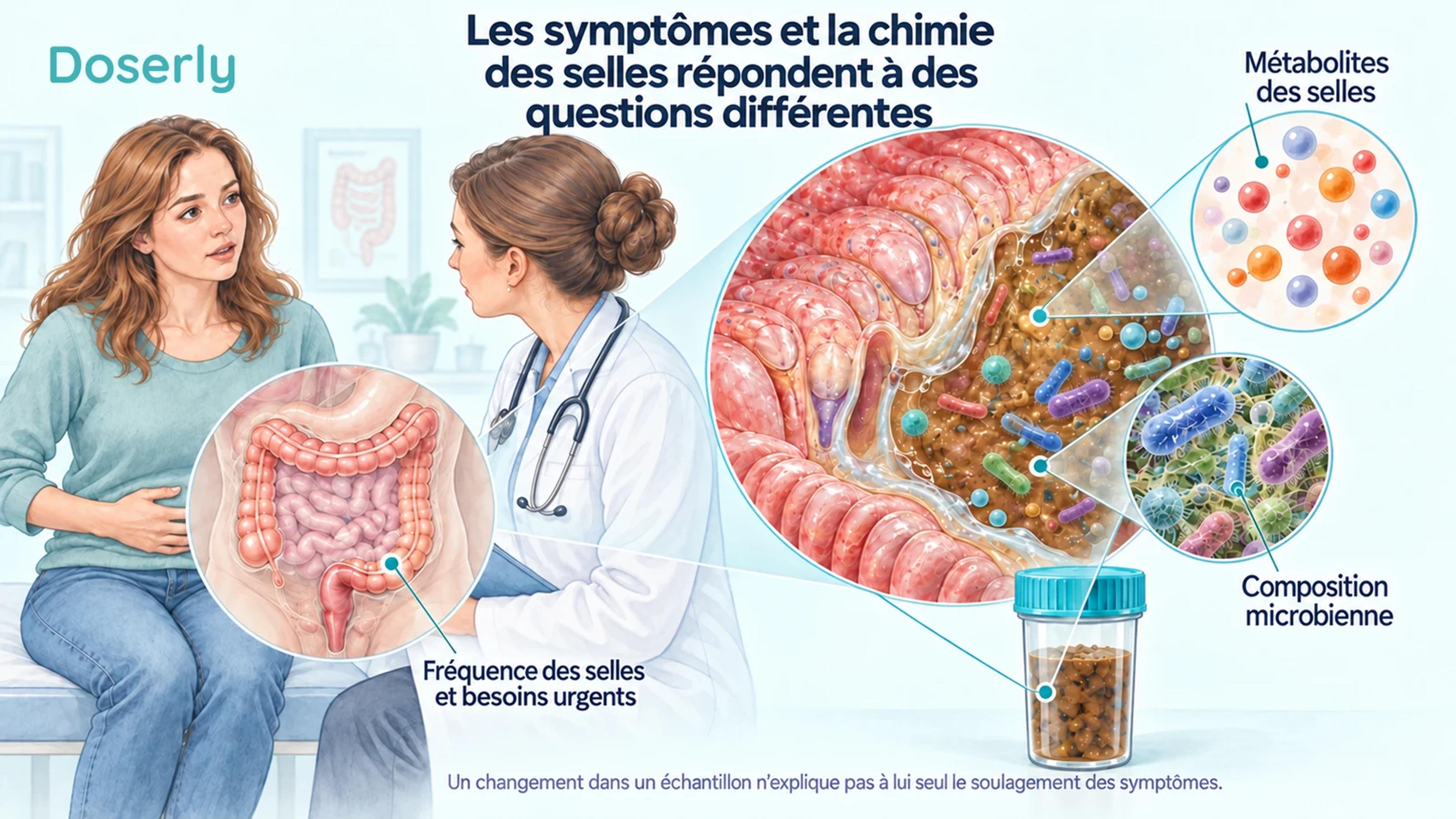 Une discussion clinique sur la fréquence des selles et les besoins urgents d’aller à la selle, accompagnée d’une vue agrandie de la surface intestinale, d’une communauté microbienne et d’un contenant d’échantillon.