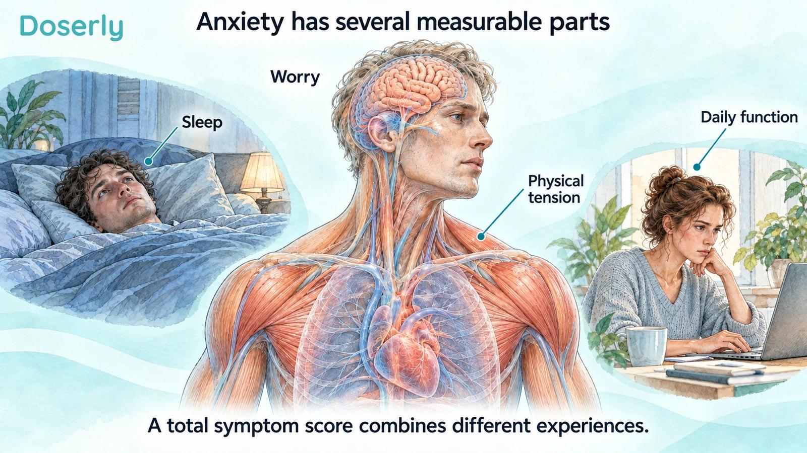 An adult anatomical illustration with brain and shoulder muscles beside scenes of sleep and daily concentration.