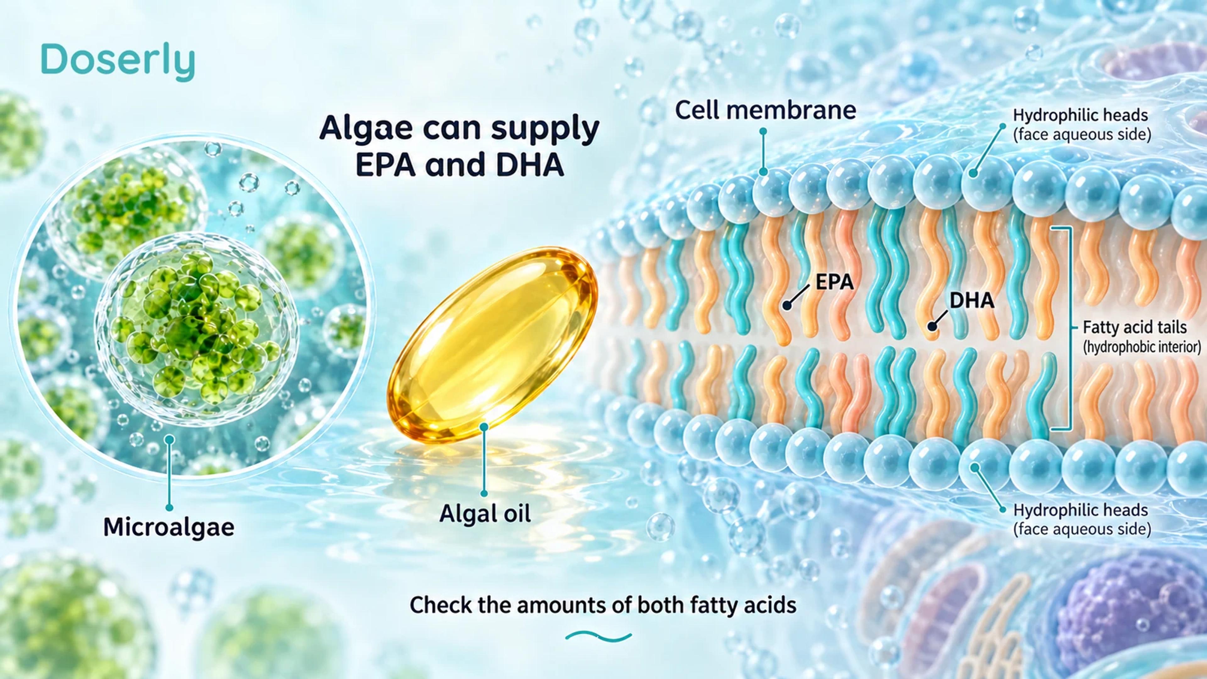 Microalgae, an algal-oil capsule and a conceptual cell membrane with EPA and DHA labels.