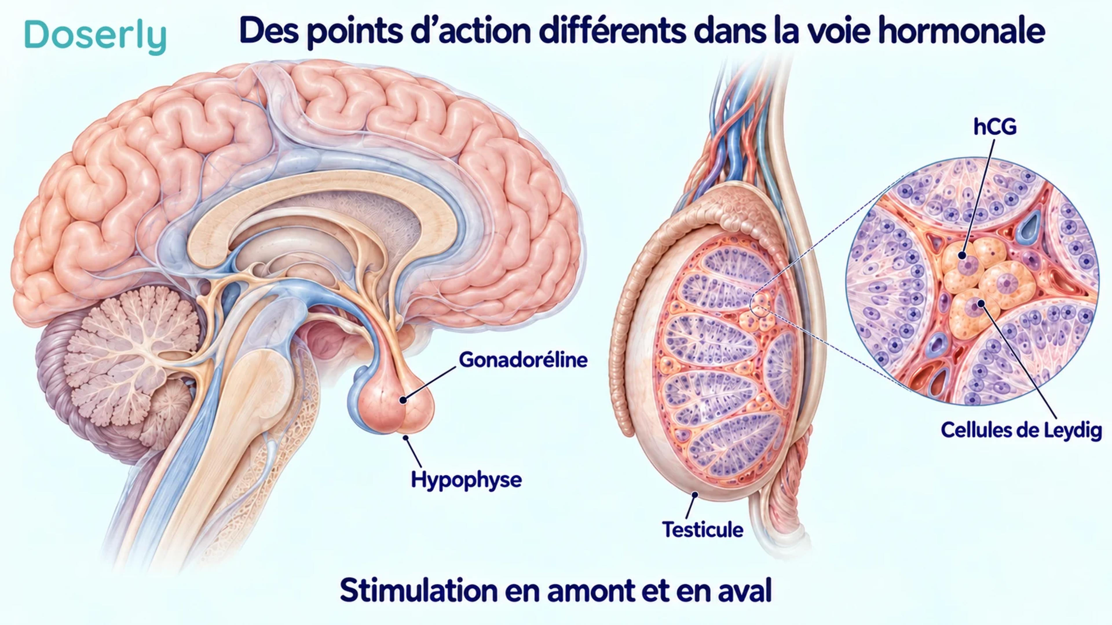 Anatomie détaillée de l’hypophyse et des testicules montrant la cible en amont de la gonadoréline et l’action de l’hCG sur les cellules de Leydig.