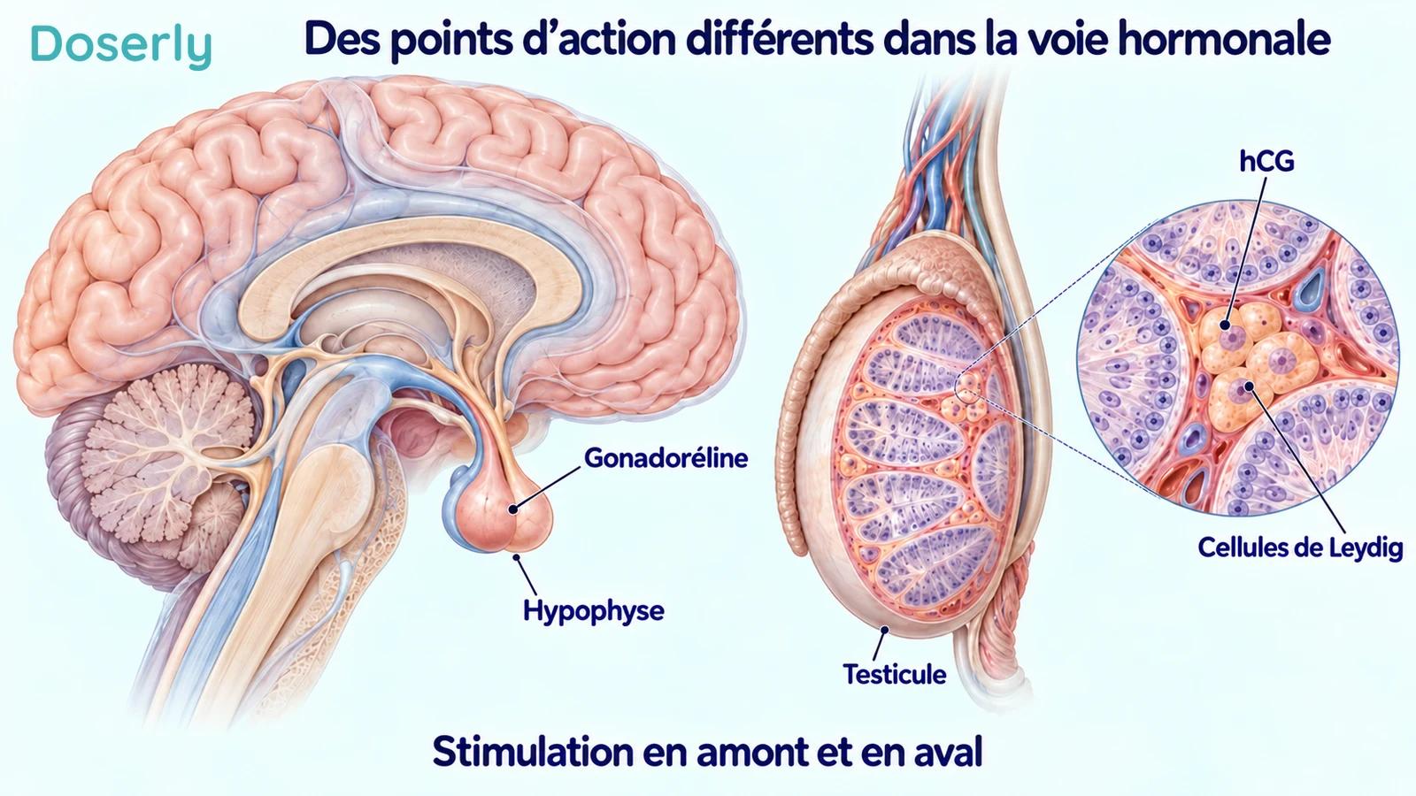 Anatomie détaillée de l’hypophyse et des testicules montrant la cible en amont de la gonadoréline et l’action de l’hCG sur les cellules de Leydig.