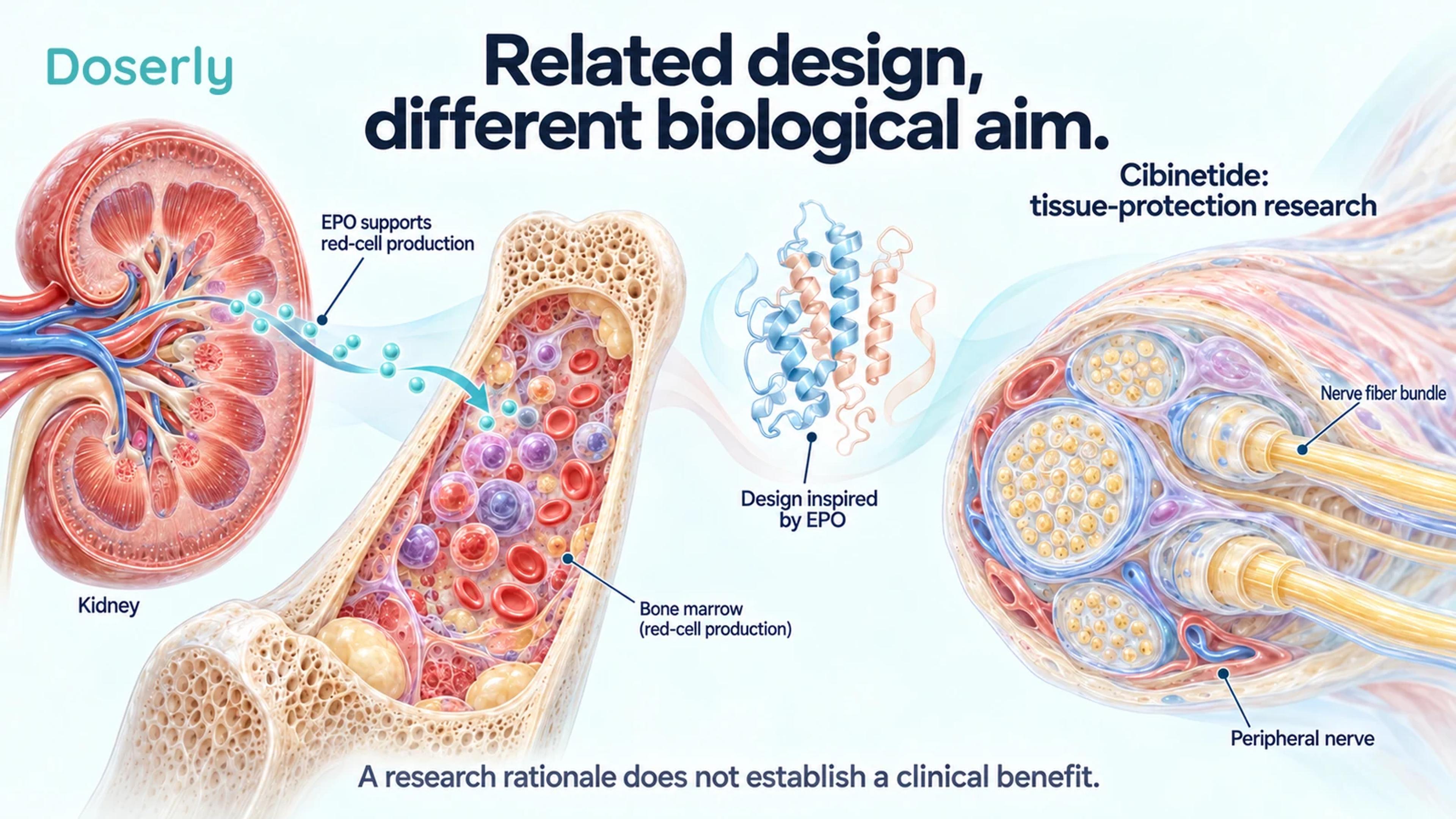 Kidney and bone-marrow anatomy illustrate EPO's red-cell role beside a separate peripheral-nerve research scene.