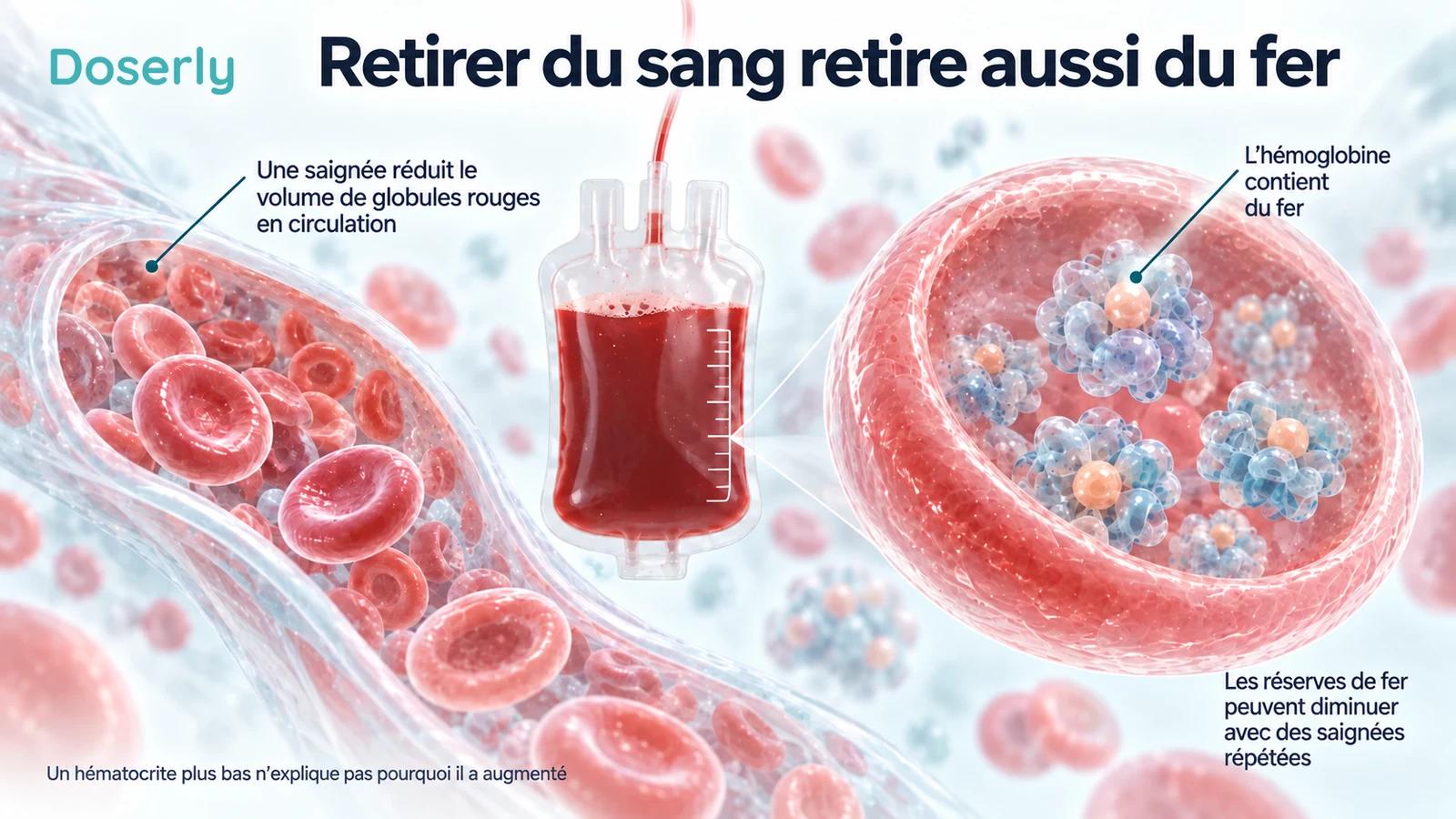 Une poche de collecte de sang, à côté de globules rouges et d’une représentation conceptuelle agrandie de l’hémoglobine, illustre le fer retiré avec le sang.